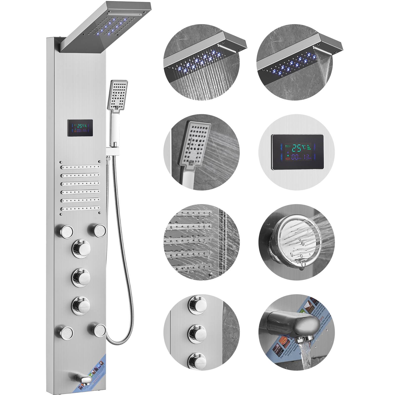 Vevor - VEVOR Panneau de douche 6 modes, hydroélectrique écran LED, pluie, cascade, 5 jets, pomme à main. - Image 1