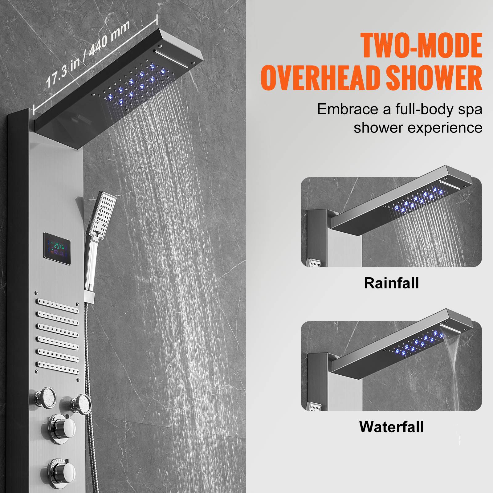 Vevor - VEVOR Panneau de douche 6 modes, hydroélectrique écran LED, pluie, cascade, 5 jets, pomme à main. - Image 3