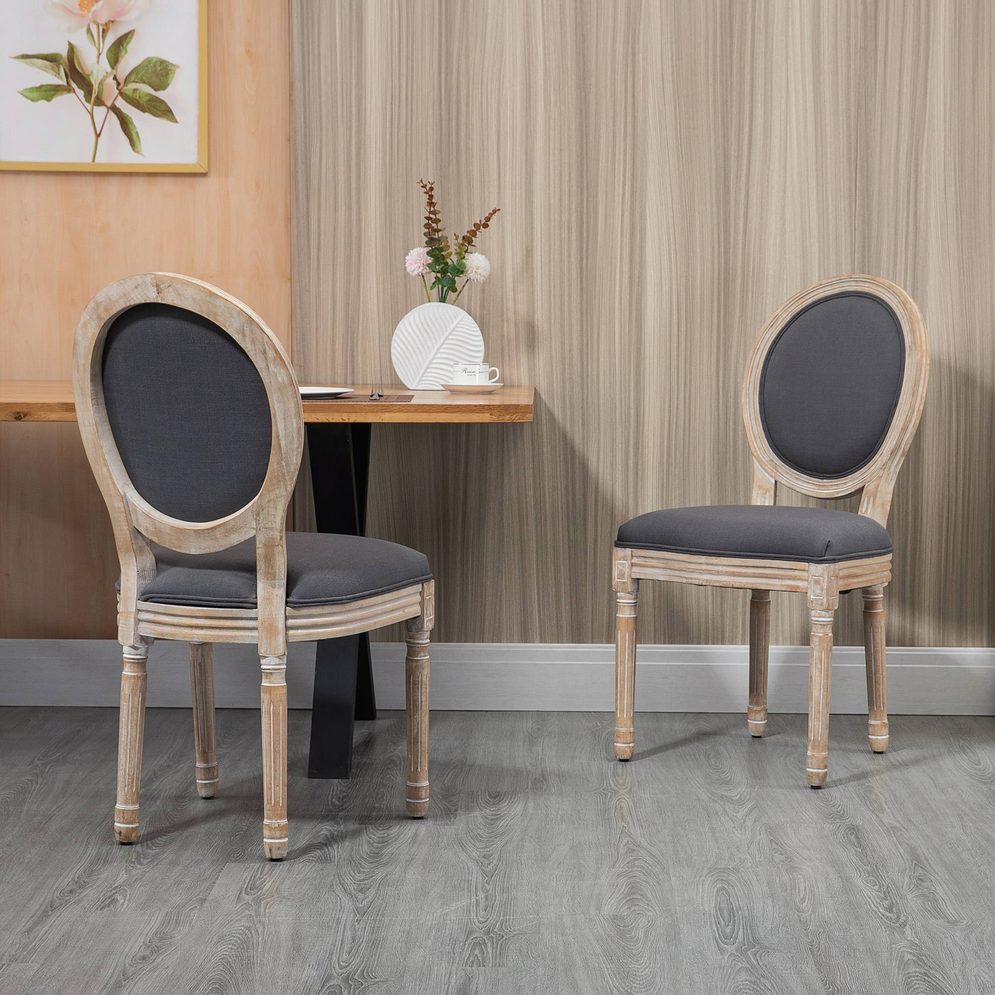 Lot de 2 Chaises de Salle à Manger, Chaises Médaillon Style Louis XVI, Assise et Dossier Rembourrés en Effet Lin, Gris - Image 4