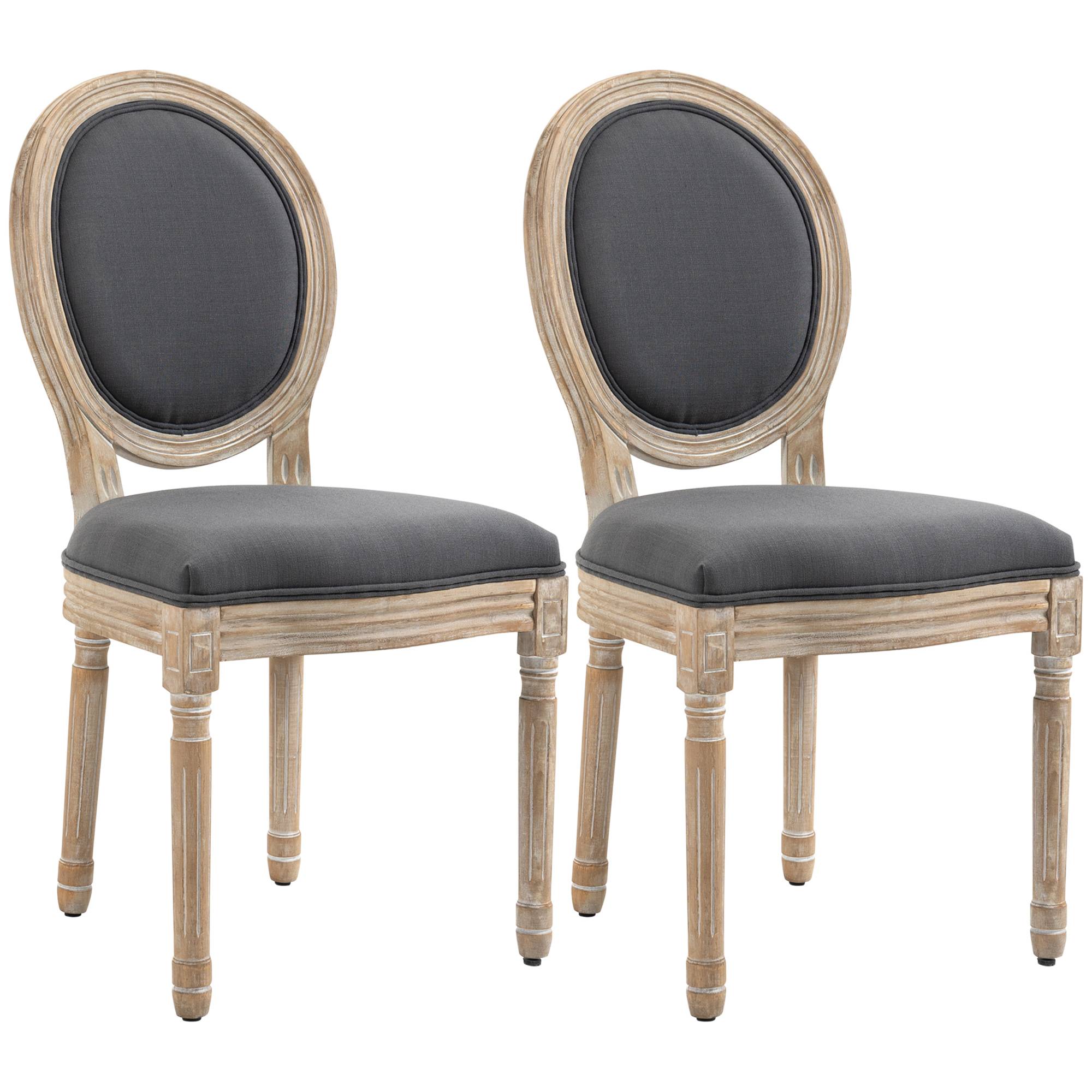 Lot de 2 Chaises de Salle à Manger, Chaises Médaillon Style Louis XVI, Assise et Dossier Rembourrés en Effet Lin, Gris - Image 2