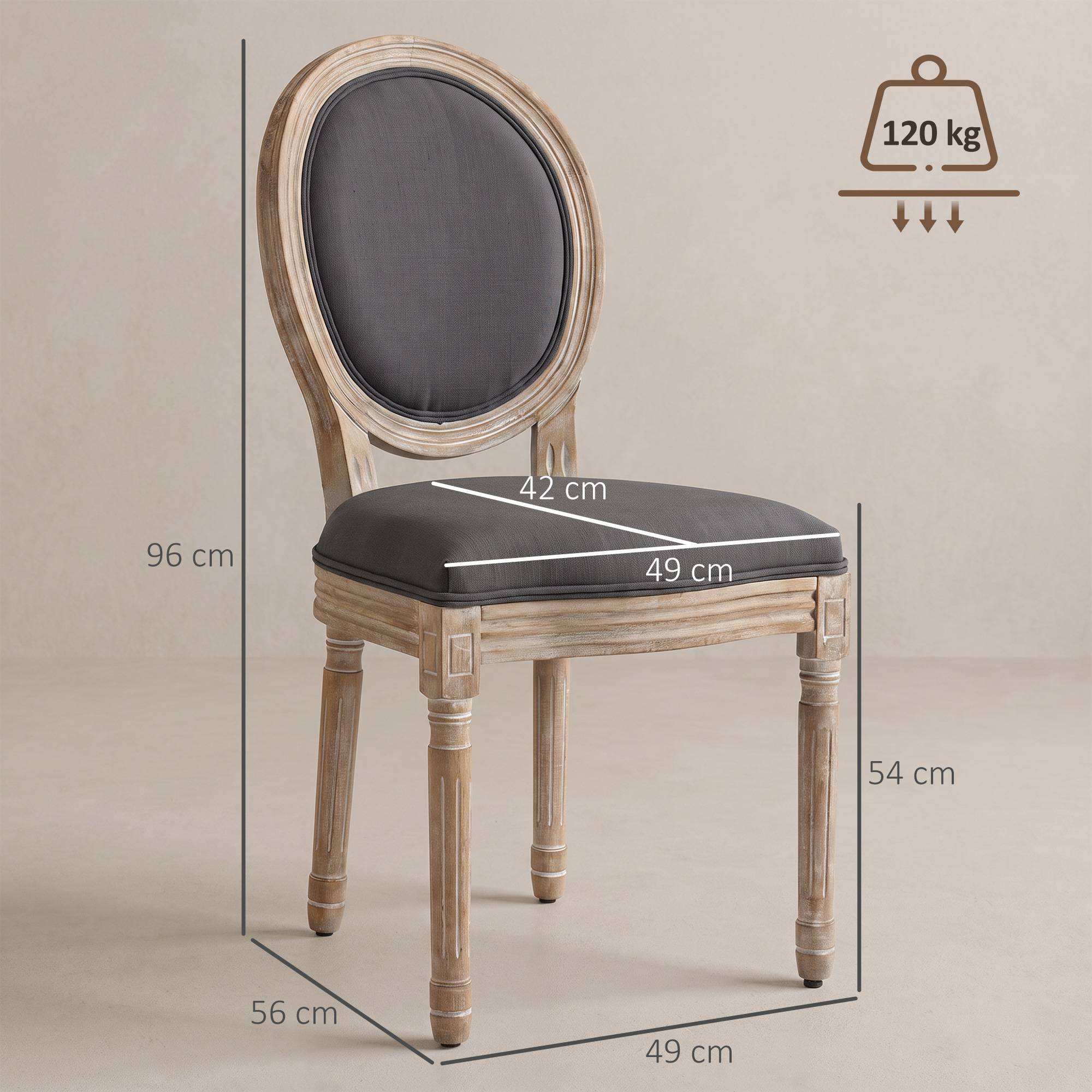 Lot de 2 Chaises de Salle à Manger, Chaises Médaillon Style Louis XVI, Assise et Dossier Rembourrés en Effet Lin, Gris - Image 5