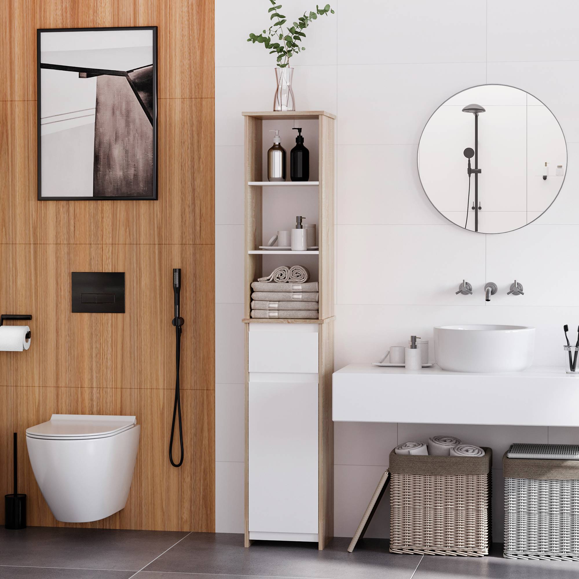 Meuble WC avec porte papier toilette 3 niveaux et distributeur intégré, rangement salle de bain compact noir moderne - Image 3