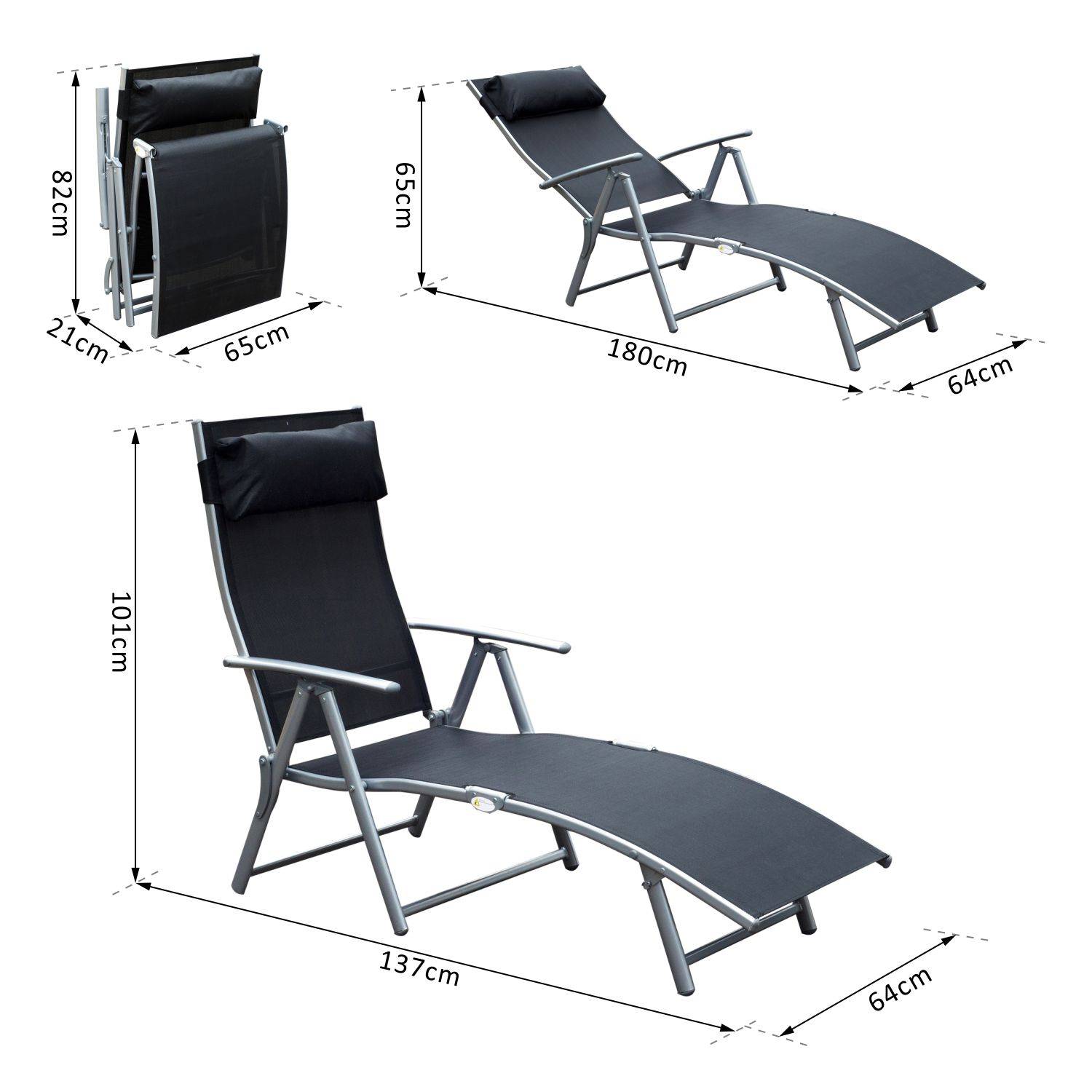 Outsunny - Bain de soleil pliable dossier inclinable multi-positions têtière fournie métal époxy textilène noir - Outsunny - Imagen 3
