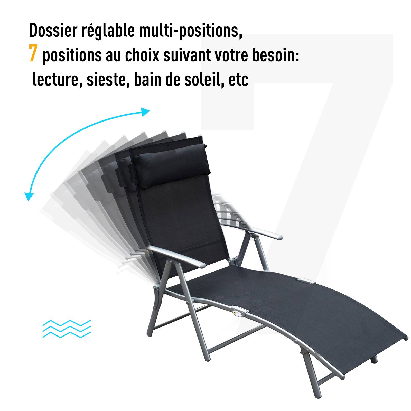 Outsunny - Bain de soleil pliable dossier inclinable multi-positions têtière fournie métal époxy textilène noir - Outsunny - Imagen 5