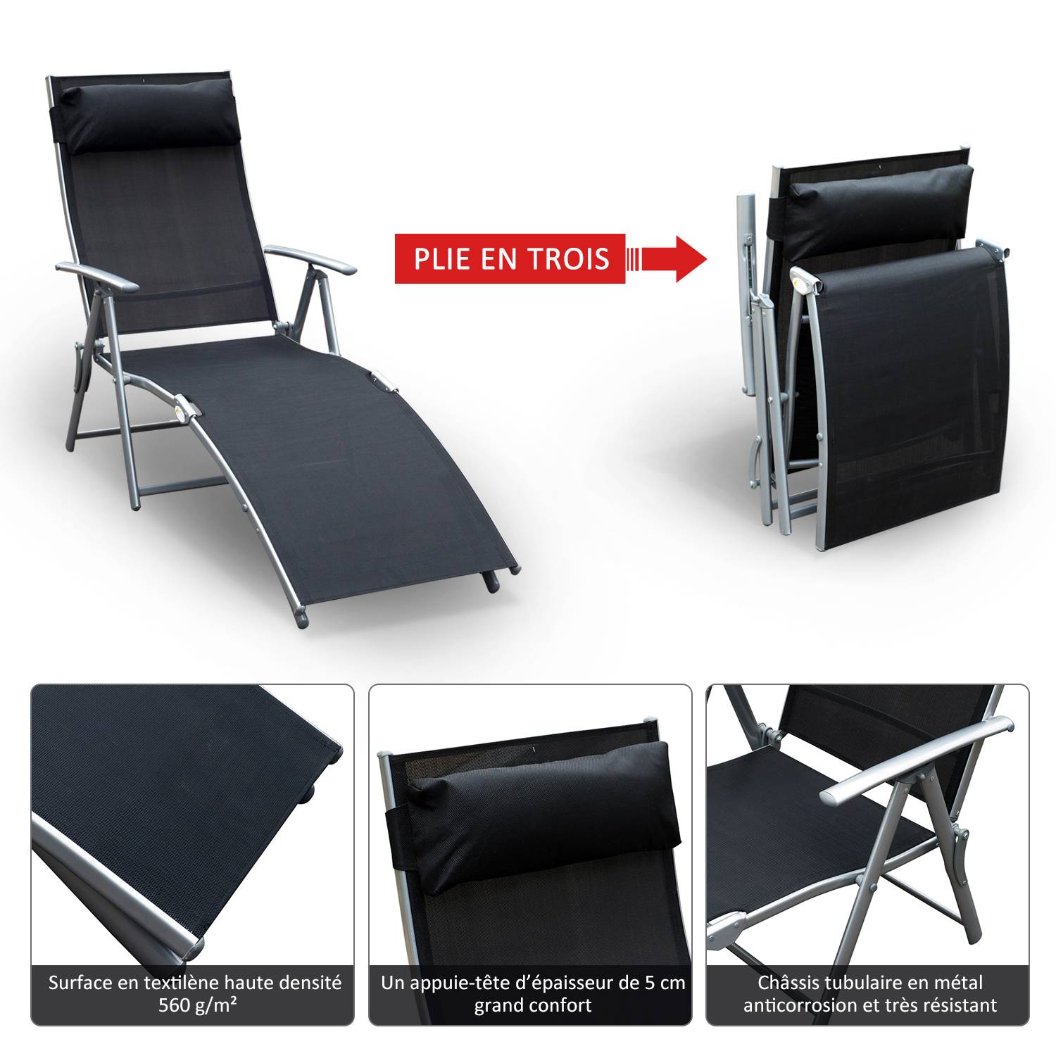 Outsunny - Bain de soleil pliable dossier inclinable multi-positions têtière fournie métal époxy textilène noir - Outsunny - Imagen 4