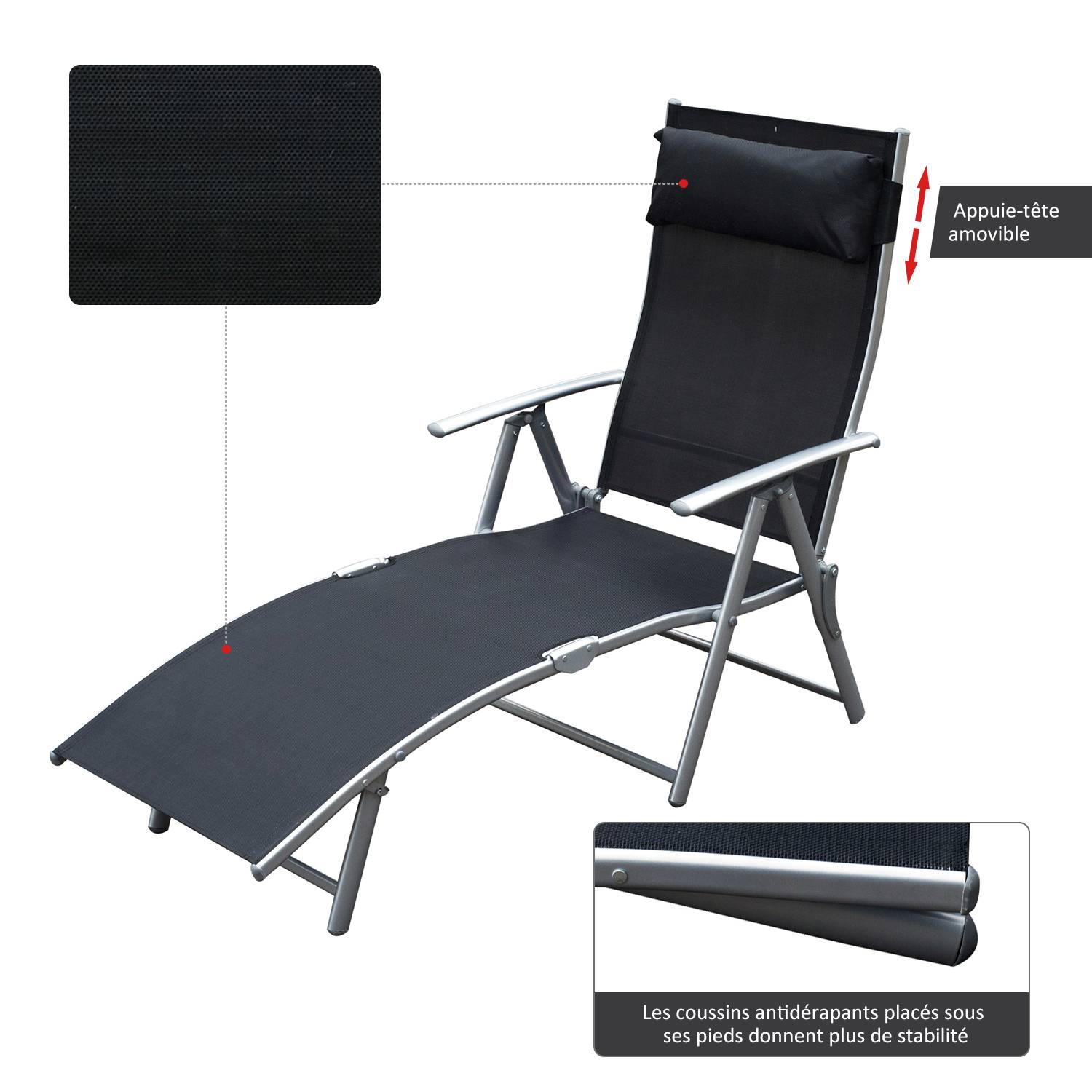 Outsunny - Bain de soleil pliable dossier inclinable multi-positions têtière fournie métal époxy textilène noir - Outsunny - Imagen 6
