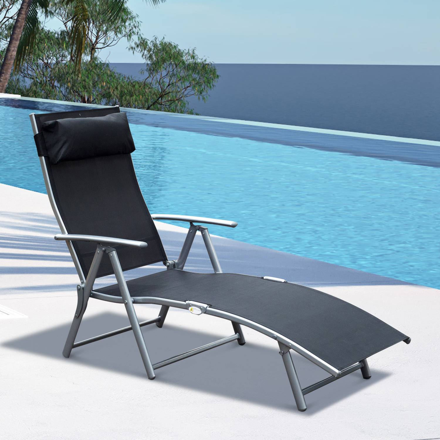 Outsunny - Bain de soleil pliable dossier inclinable multi-positions têtière fournie métal époxy textilène noir - Outsunny - Imagen 2