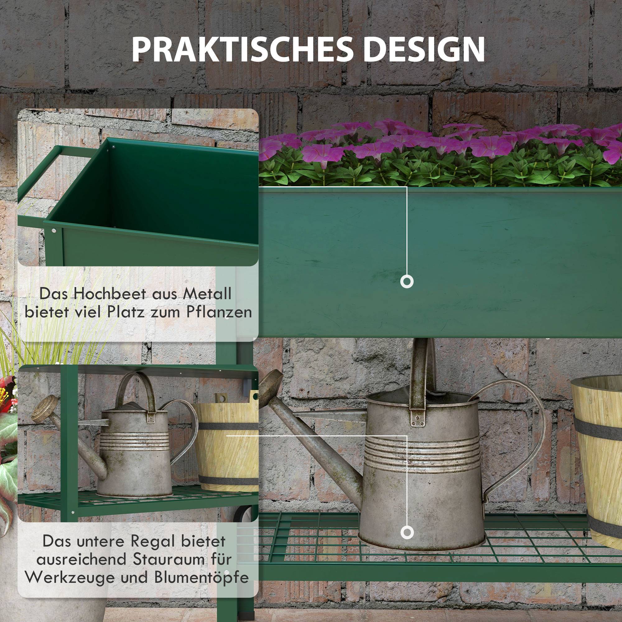 Jardinière surélevée, bac à plantes, 1 étagère, 2 roues, 109x44x80 cm, vert - Image 7