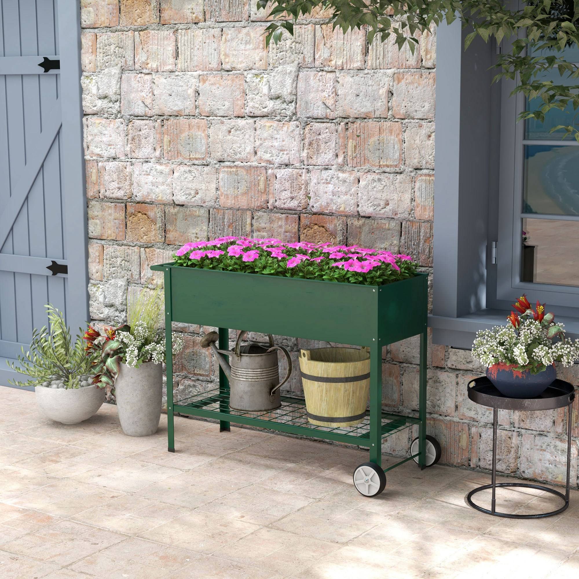 Jardinière surélevée, bac à plantes, 1 étagère, 2 roues, 109x44x80 cm, vert - Image 4