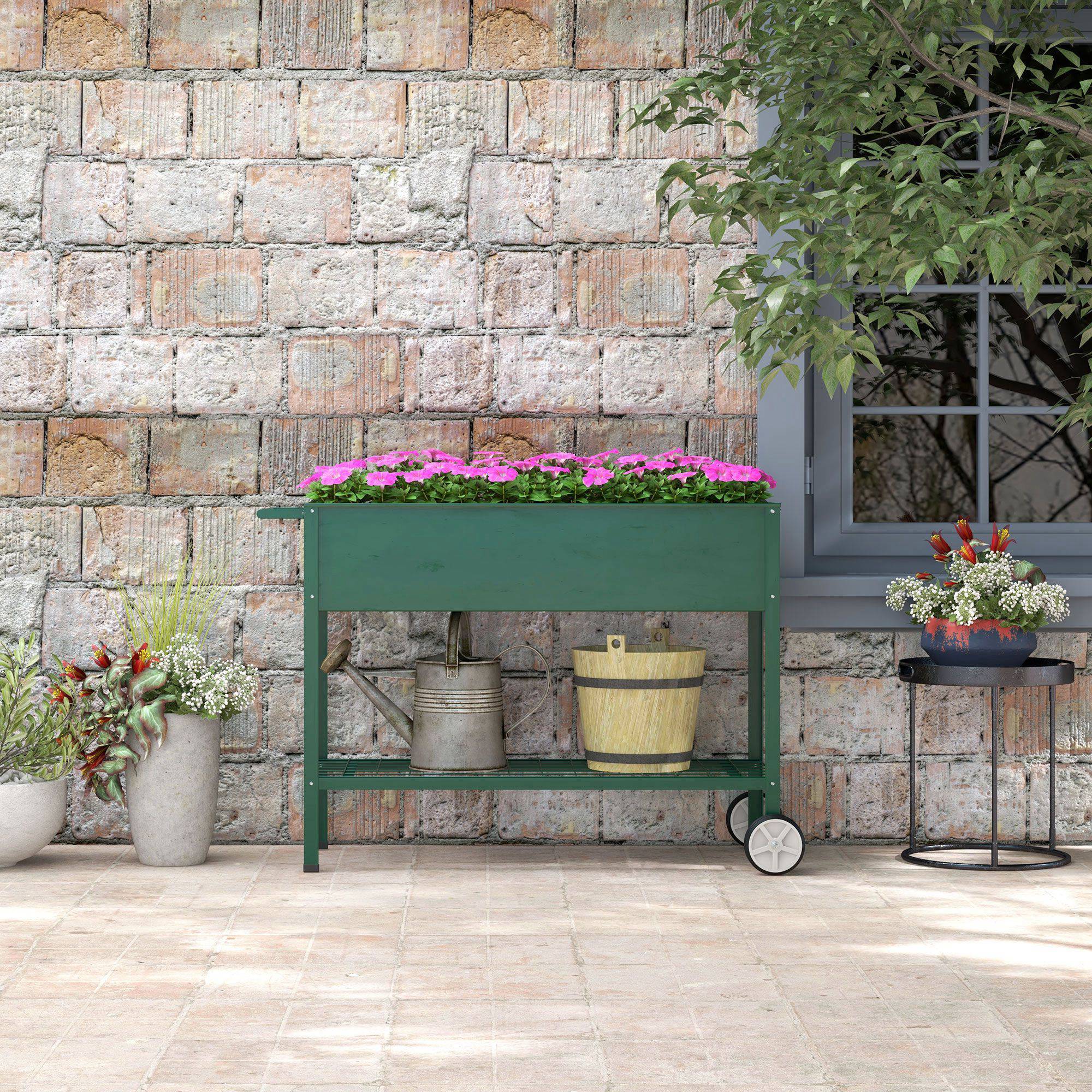 Jardinière surélevée, bac à plantes, 1 étagère, 2 roues, 109x44x80 cm, vert - Image 10
