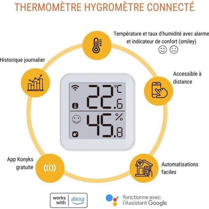 Thermomètre hygromètre Wi‑Fi Termo 2, grand écran LCD, indicateur sourire, alertes, blanc - Konyks - Image 4