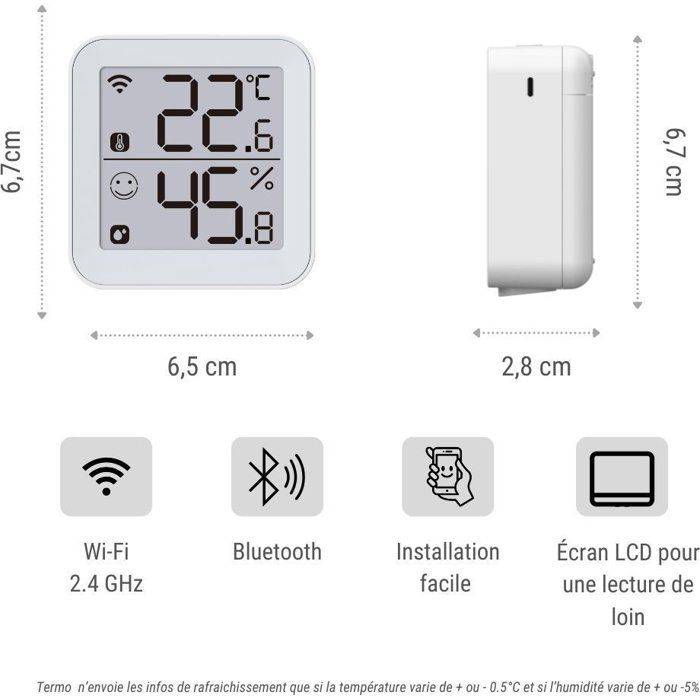 Thermomètre hygromètre Wi‑Fi Termo 2, grand écran LCD, indicateur sourire, alertes, blanc - Konyks - Image 3
