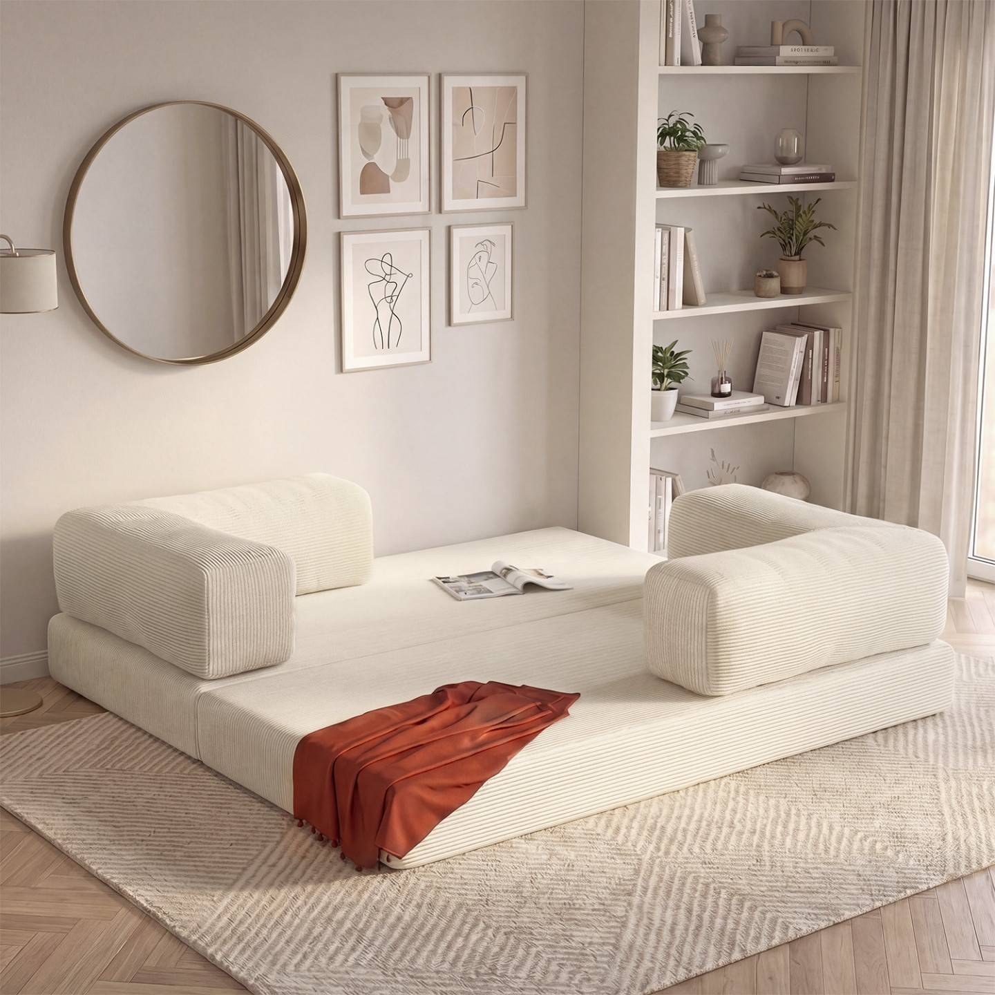 IDMARKET - Canapé droit 3 places convertible NATOU en velours côtelé beige - Image 3