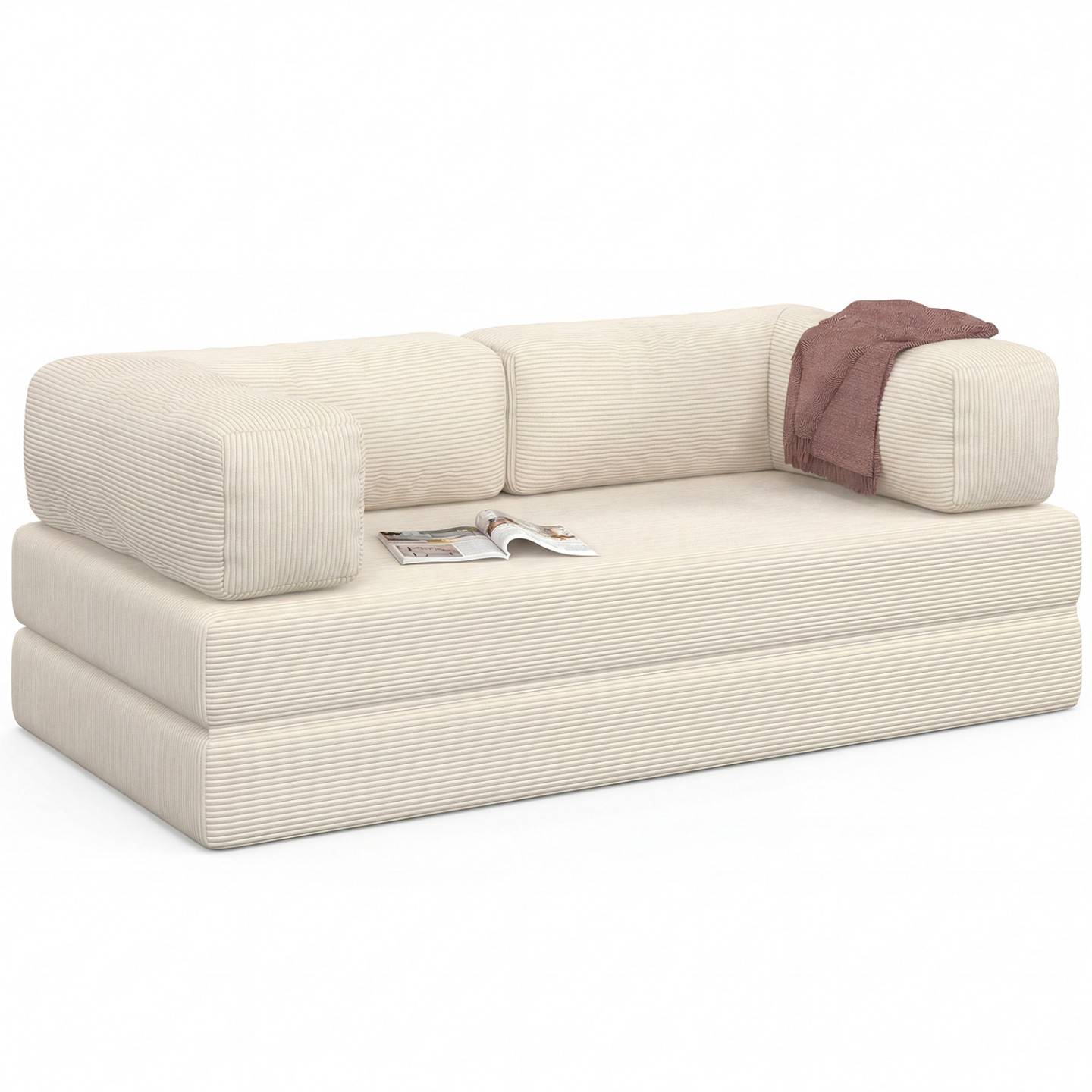 IDMARKET - Canapé droit 3 places convertible NATOU en velours côtelé beige - Image 2