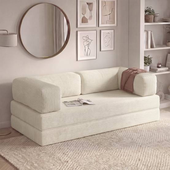 IDMARKET - Canapé droit 3 places convertible NATOU en velours côtelé beige - Image 1