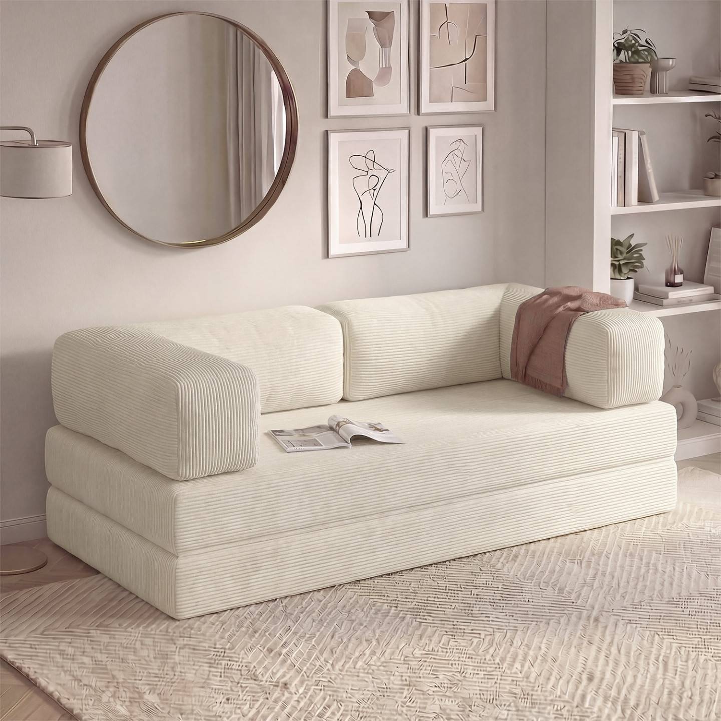 IDMARKET - Canapé droit 3 places convertible NATOU en velours côtelé beige - Image 1