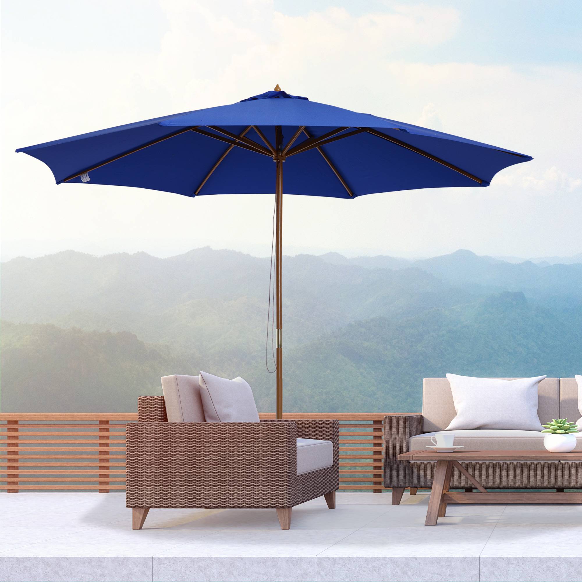 Parasol de jardin droit en bois et bambou pour terrasse extérieur anti UV 300cm bleu - ComfortXL Outdoor Living - Image 1