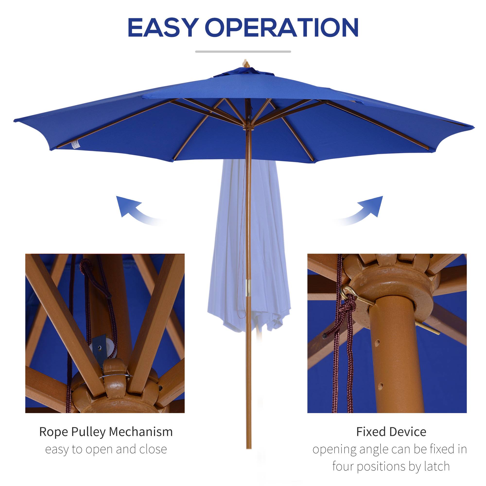 Parasol de jardin droit en bois et bambou pour terrasse extérieur anti UV 300cm bleu - ComfortXL Outdoor Living - Image 5