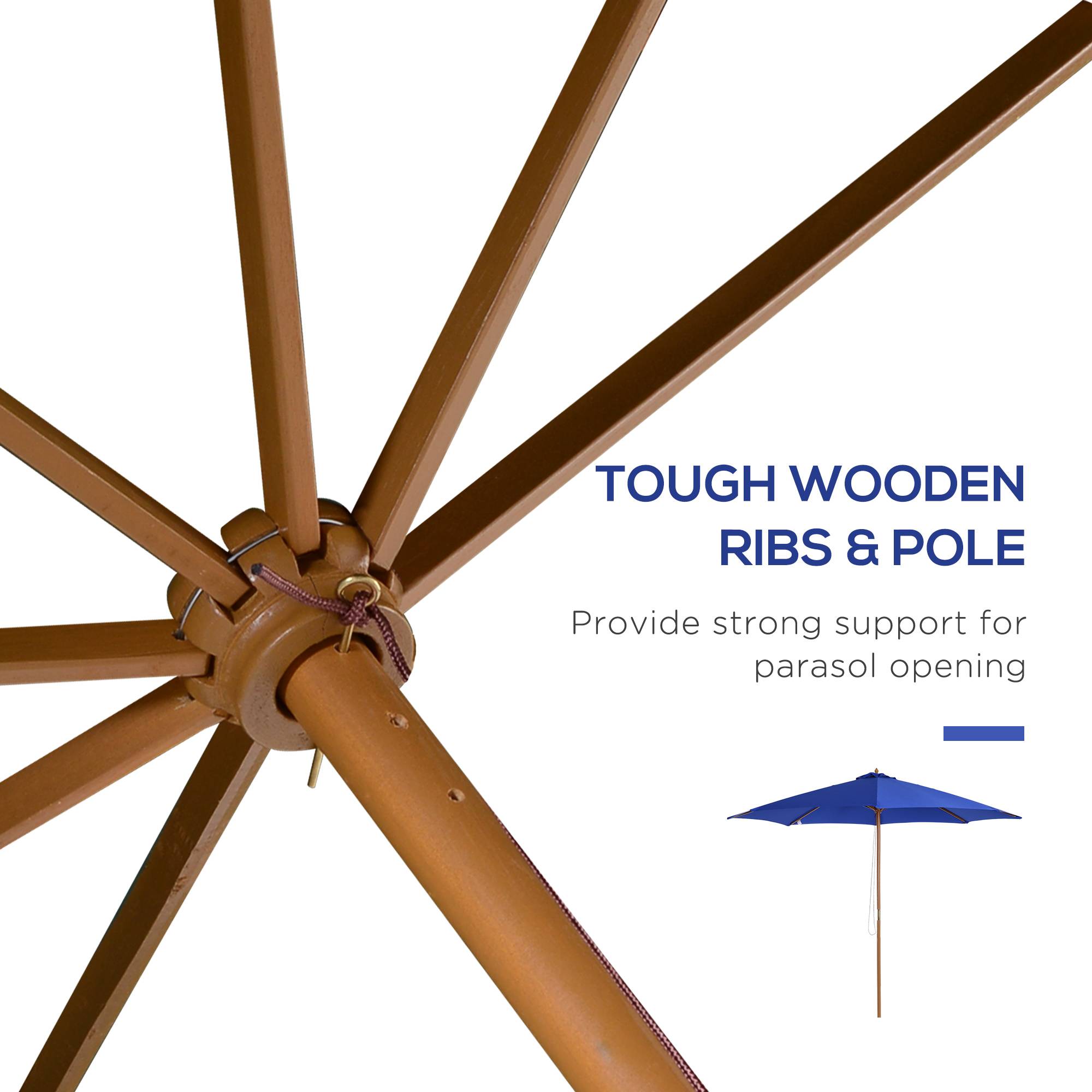 Parasol de jardin droit en bois et bambou pour terrasse extérieur anti UV 300cm bleu - ComfortXL Outdoor Living - Image 4