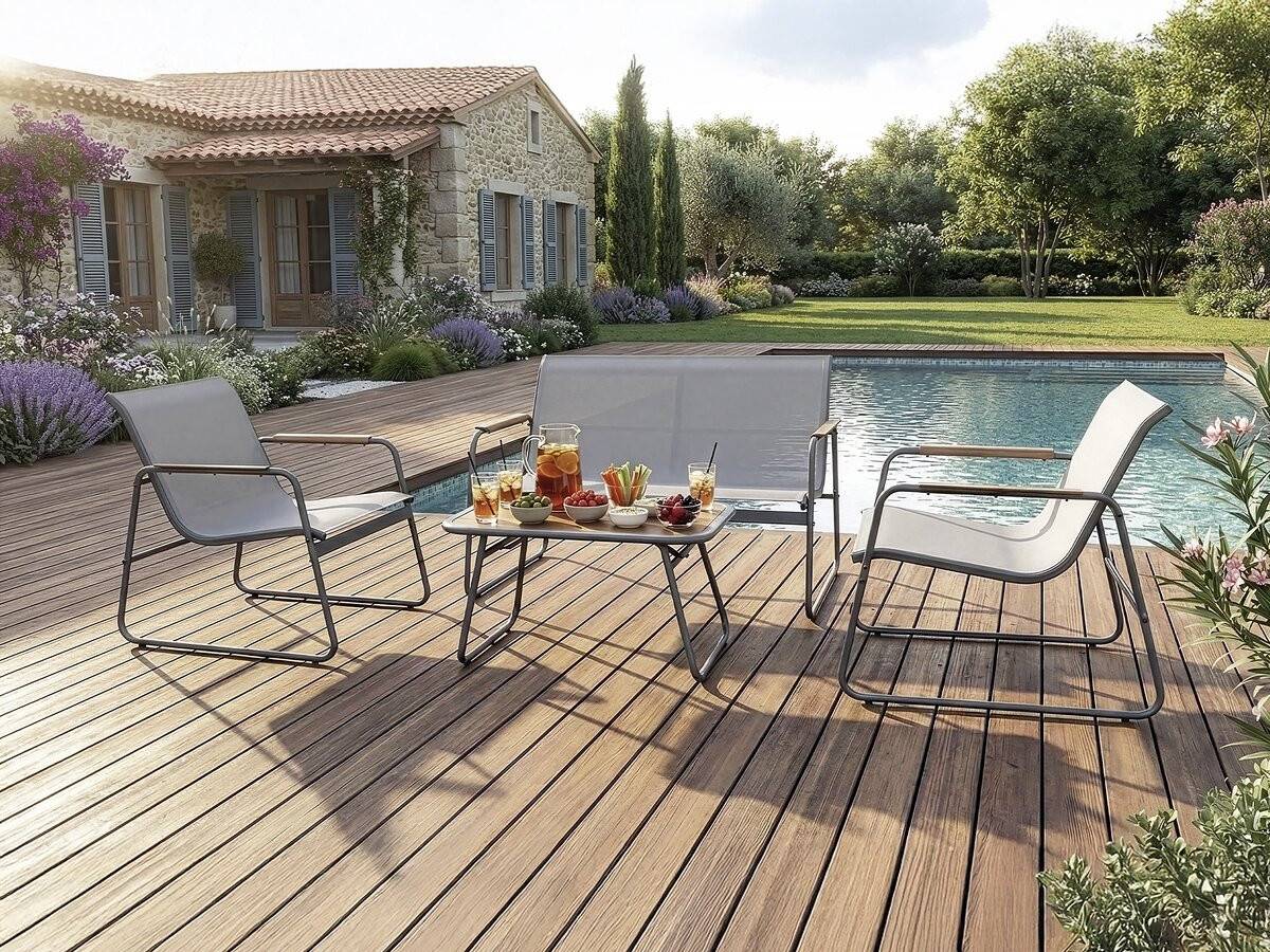 Habitat Et Jardin - Salon De Jardin En Métal Avec Décor Imitation Bois "sparta" - 4 Places - Gris Clair -habitat Et Jardin - Image 2