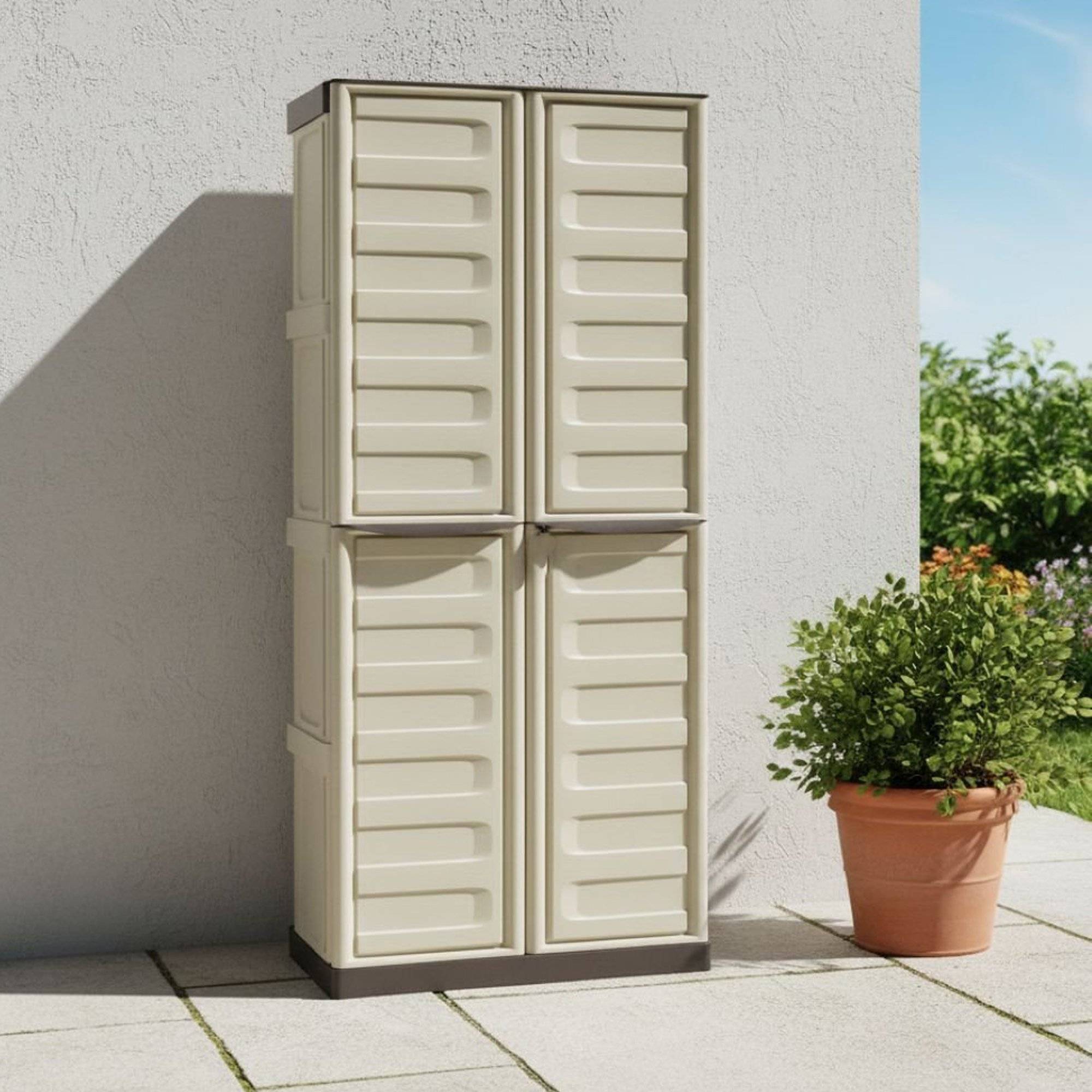 Dmora - Armoire d'extérieur Daldegan, Armoire de balcon polyvalente, armoire à balais 2 portes, 70x47h178 cm, Beige et Marron, Finition rayée - Dmora - Imagen 2