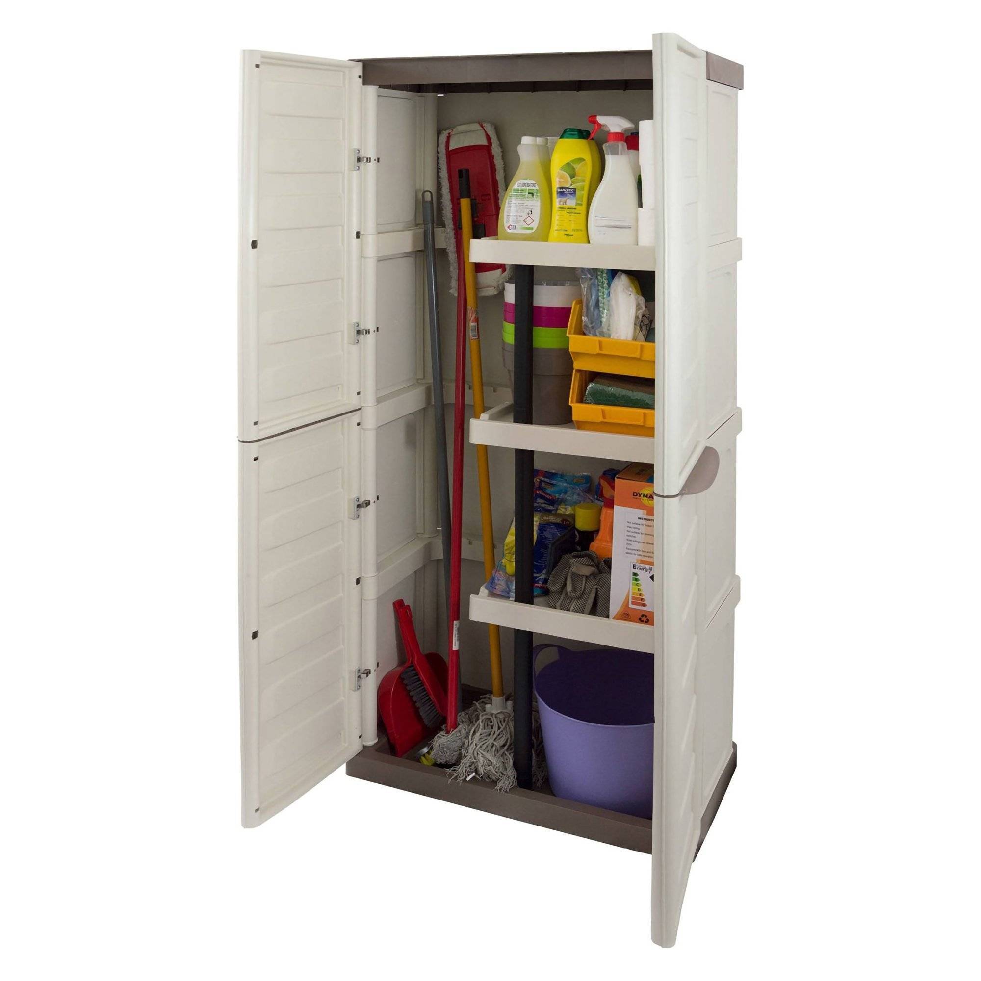 Dmora - Armoire d'extérieur Daldegan, Armoire de balcon polyvalente, armoire à balais 2 portes, 70x47h178 cm, Beige et Marron, Finition rayée - Dmora - Imagen 1