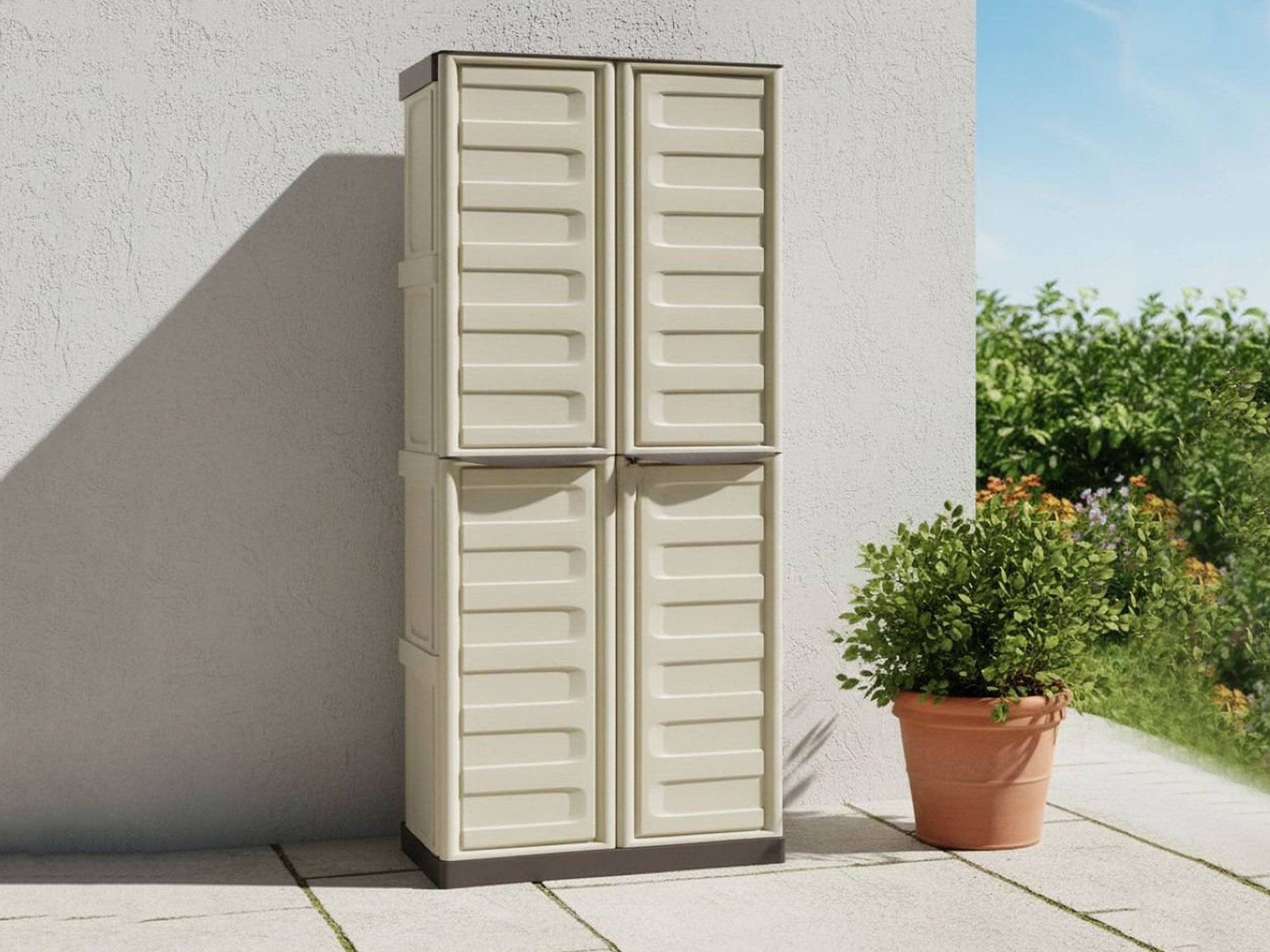 Dmora - Armoire d'extérieur Daldegan, Armoire de balcon polyvalente, armoire à balais 2 portes, 70x47h178 cm, Beige et Marron, Finition rayée - Dmora - Imagen 5