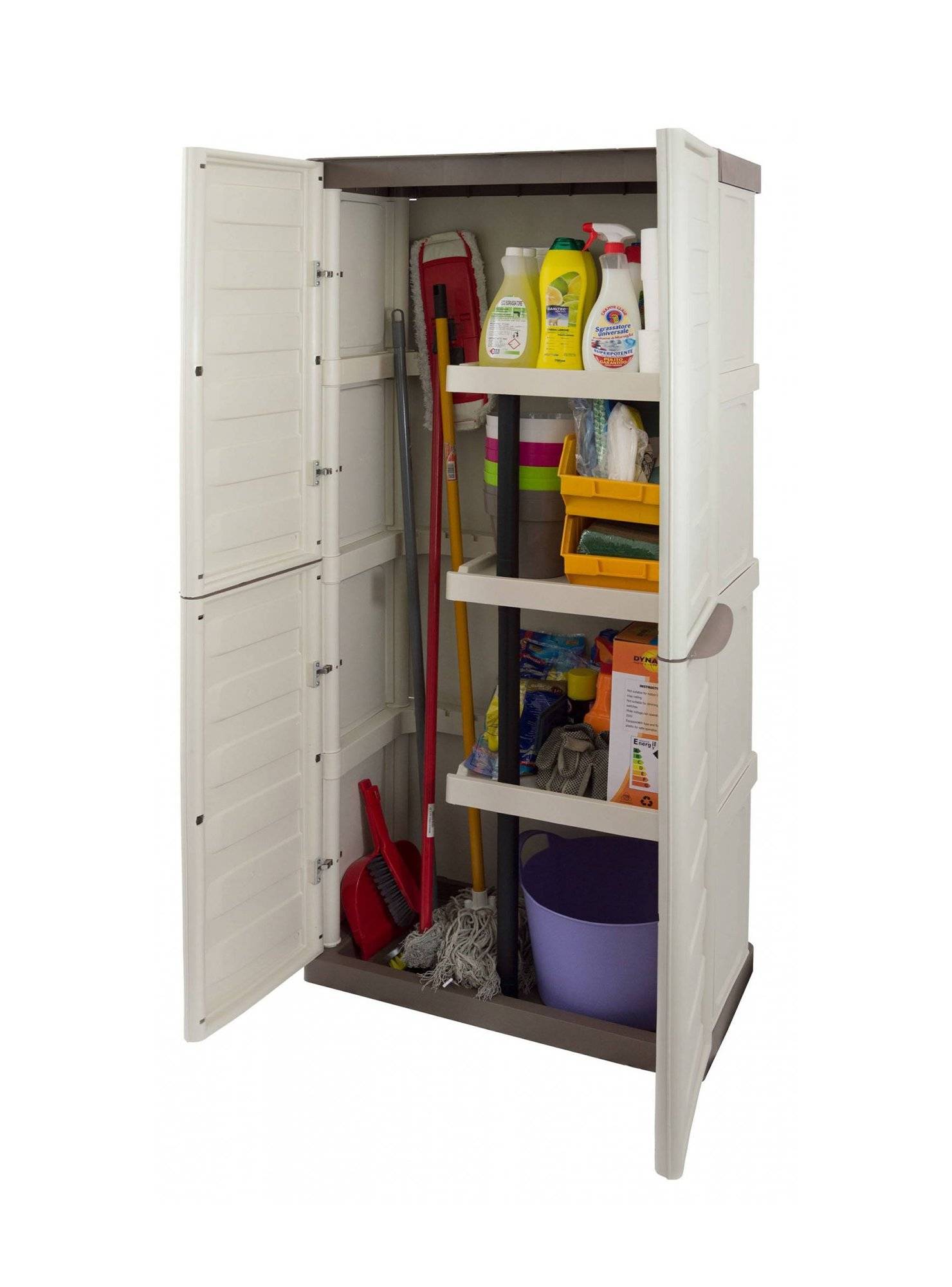 Dmora - Armoire d'extérieur Daldegan, Armoire de balcon polyvalente, armoire à balais 2 portes, 70x47h178 cm, Beige et Marron, Finition rayée - Dmora - Imagen 6