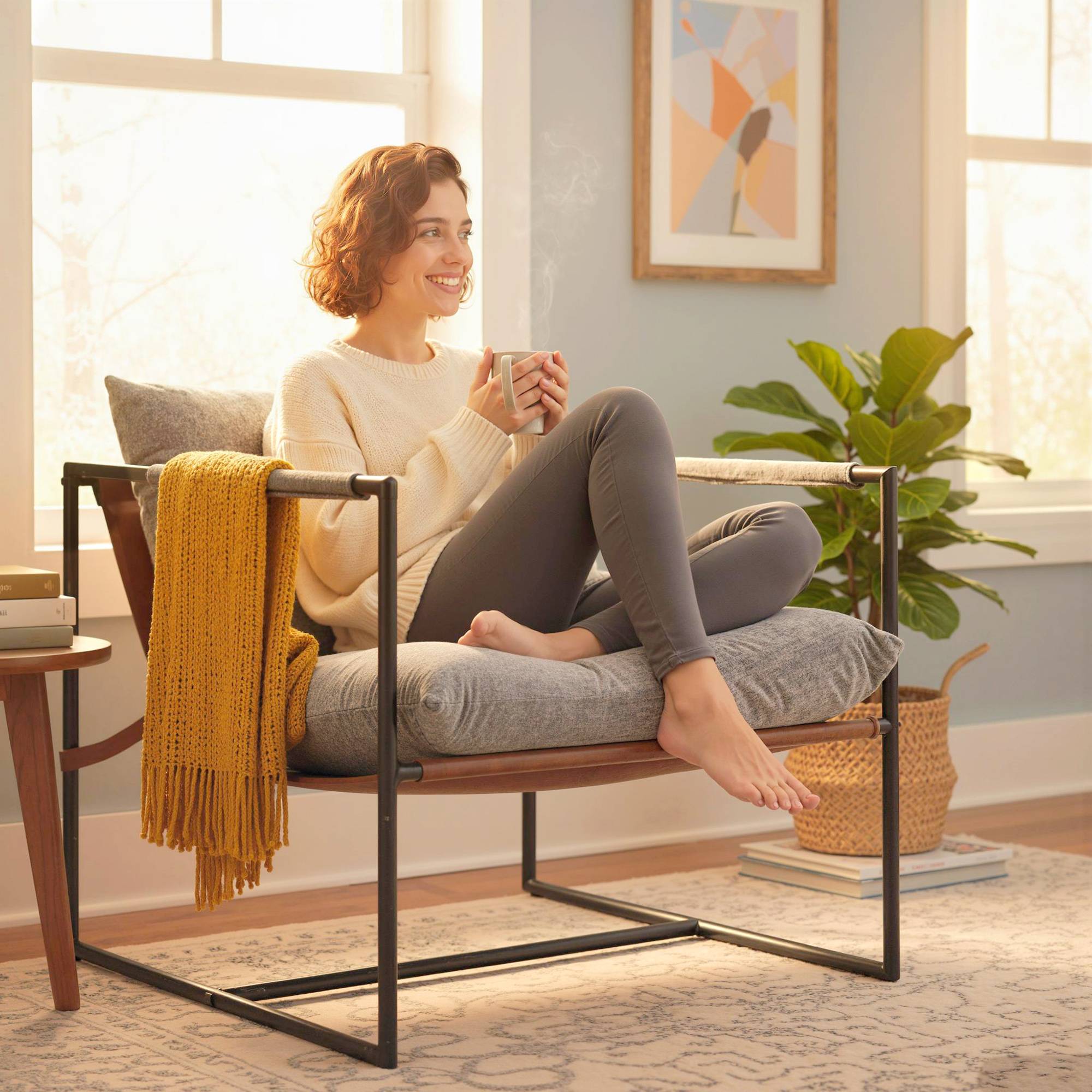Fauteuil salon, fauteuil d'appoint rembourré en velours imprimé, large assise et structure en acier, 77x91x80cm, gris - Image 9