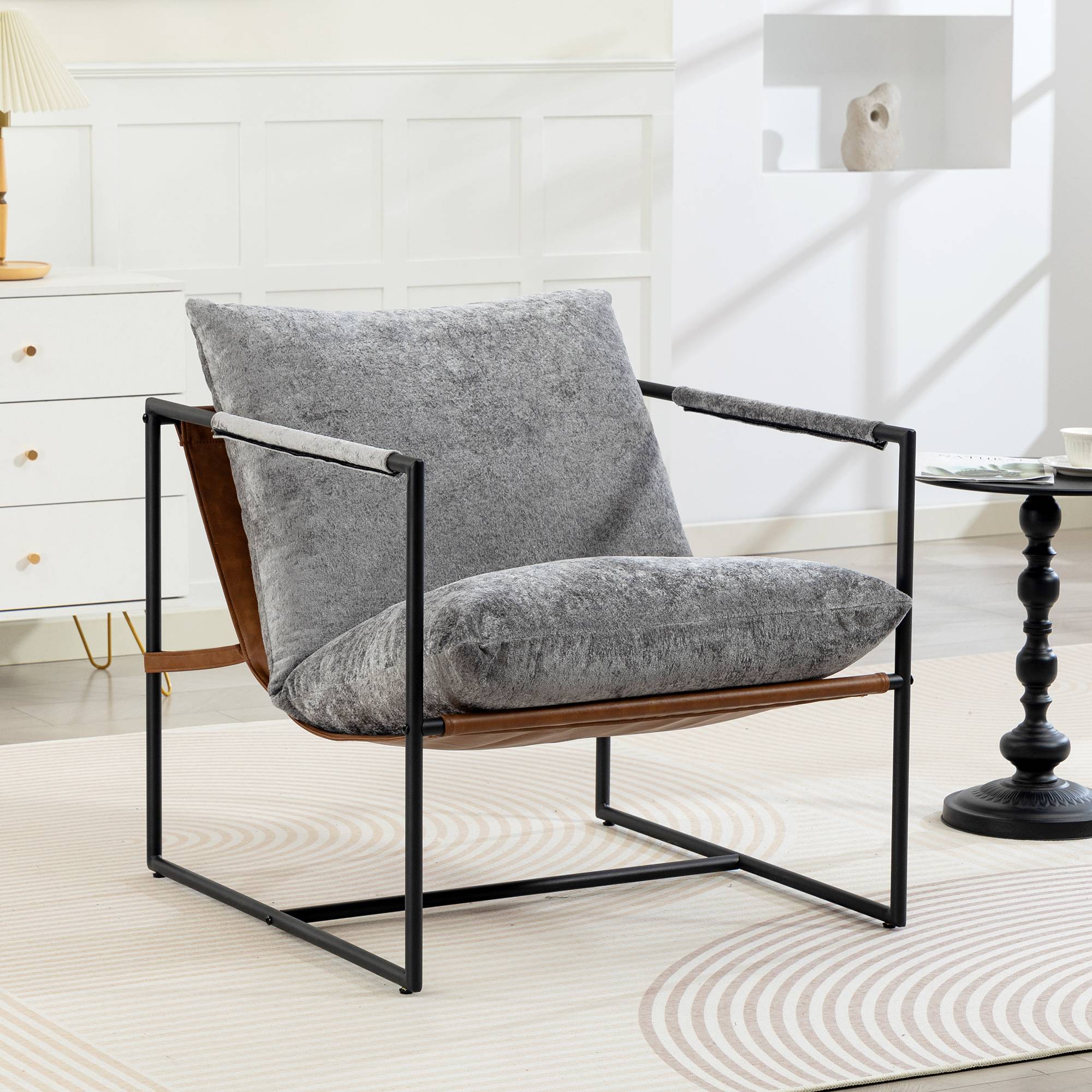 Fauteuil salon, fauteuil d'appoint rembourré en velours imprimé, large assise et structure en acier, 77x91x80cm, gris - Image 4