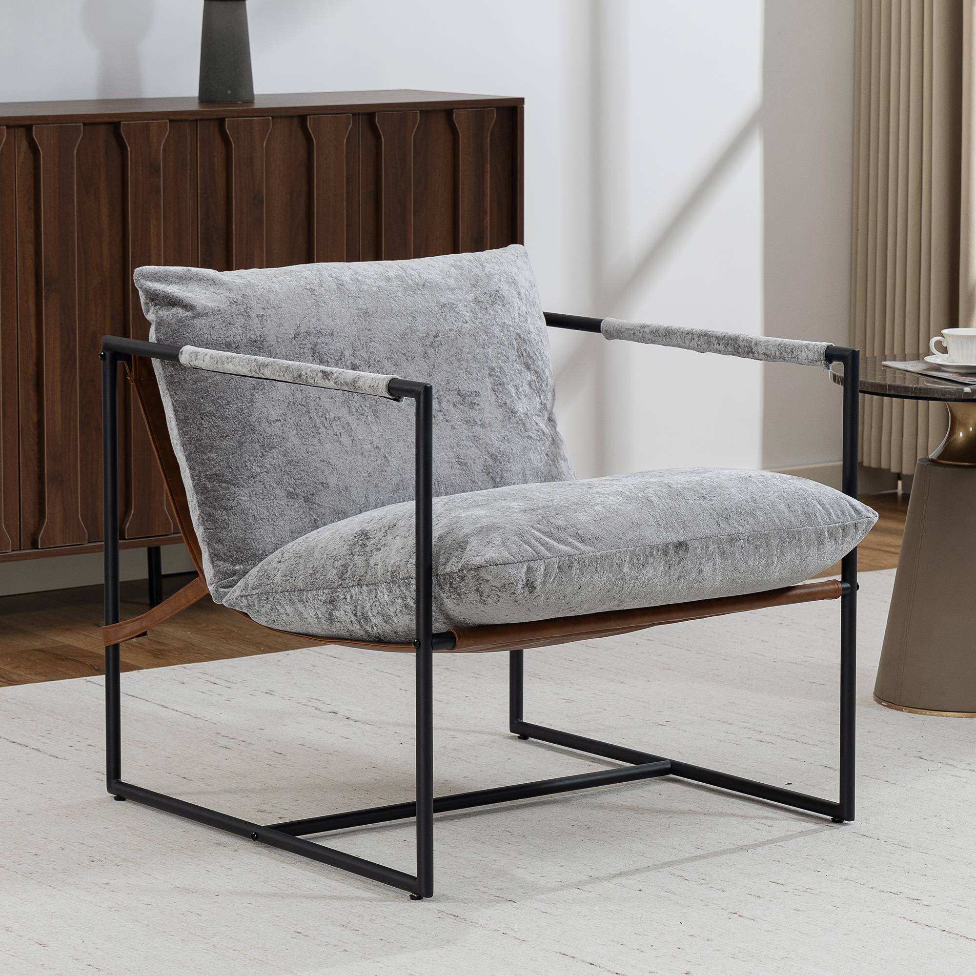 Fauteuil salon, fauteuil d'appoint rembourré en velours imprimé, large assise et structure en acier, 77x91x80cm, gris - Image 3