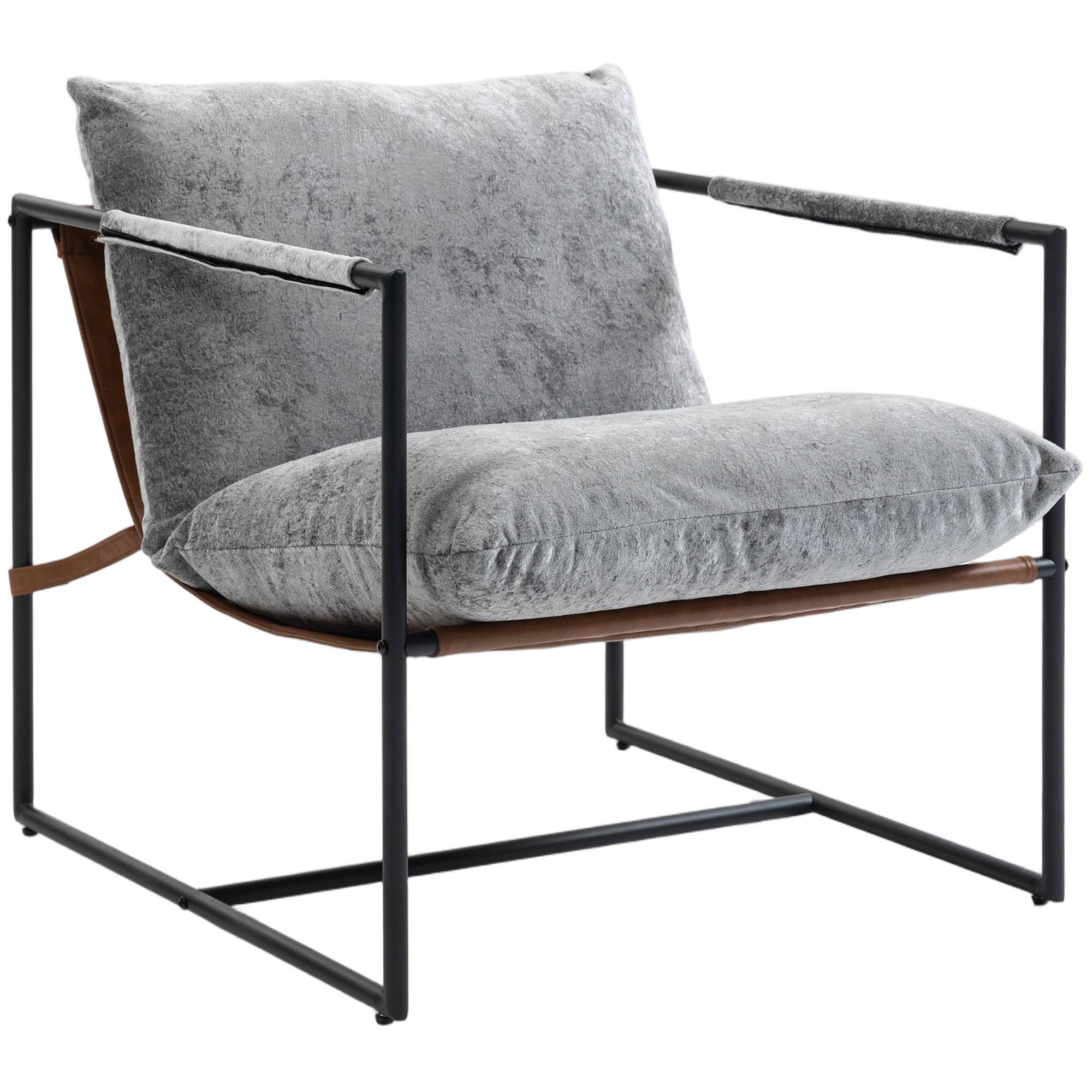 Fauteuil salon, fauteuil d'appoint rembourré en velours imprimé, large assise et structure en acier, 77x91x80cm, gris - Image 2