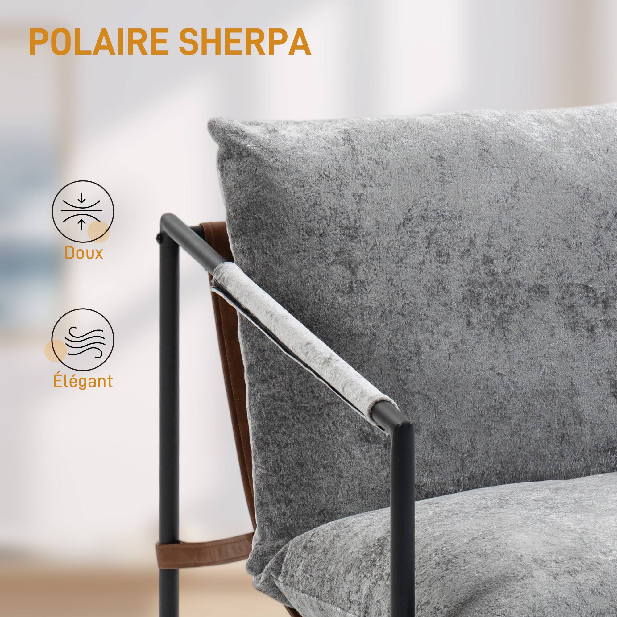 Fauteuil salon, fauteuil d'appoint rembourré en velours imprimé, large assise et structure en acier, 77x91x80cm, gris - Image 7