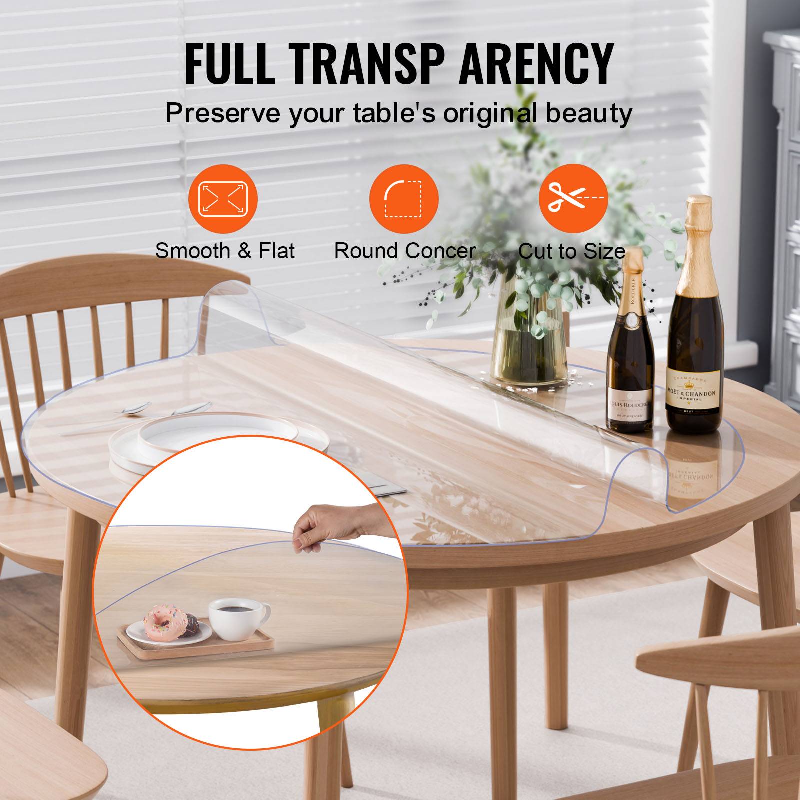 VEVOR Protection table PVC transparent, 48x48", 2.0mm, ronde, imperméable, bureau, salle à manger. - Image 5