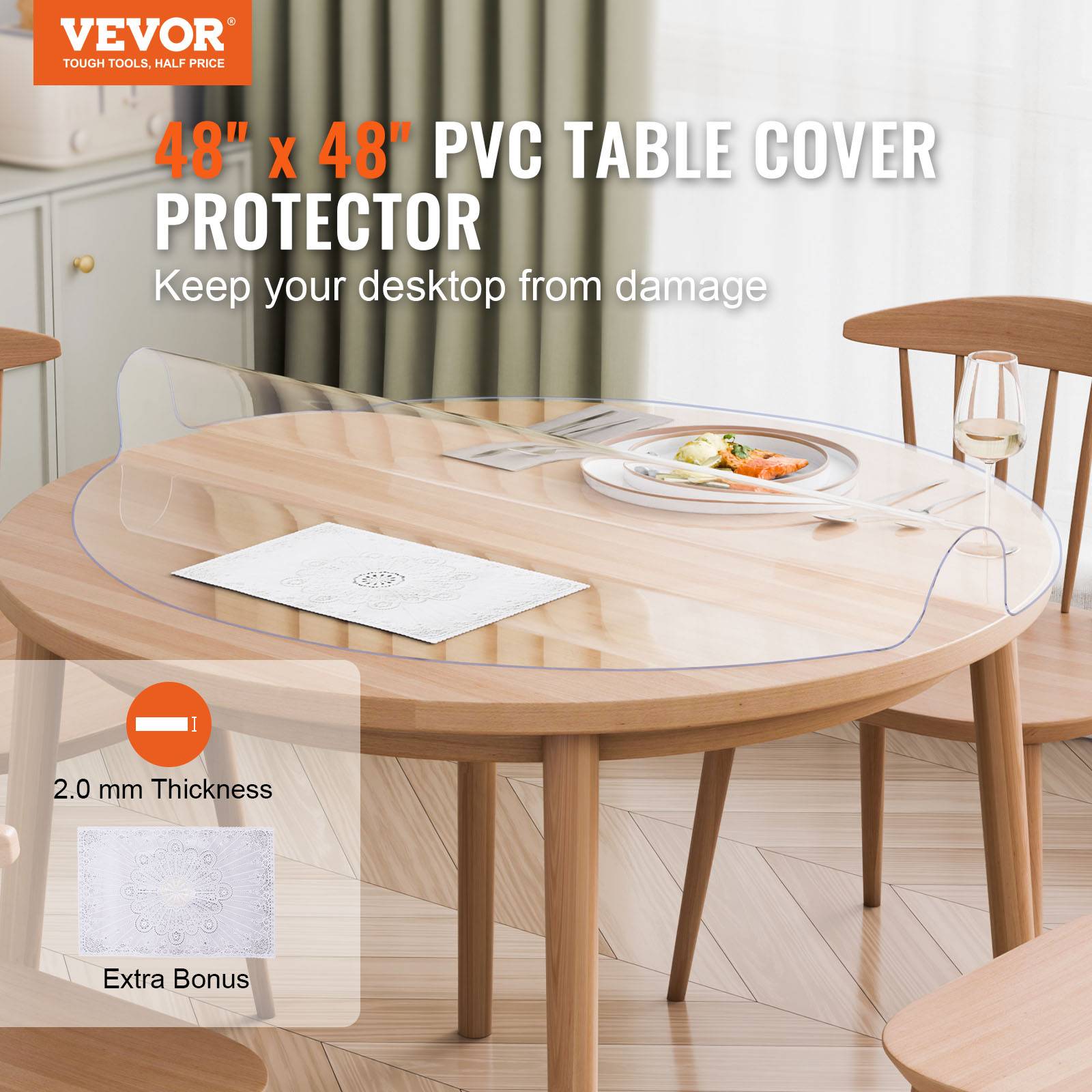 VEVOR Protection table PVC transparent, 48x48", 2.0mm, ronde, imperméable, bureau, salle à manger. - Image 2