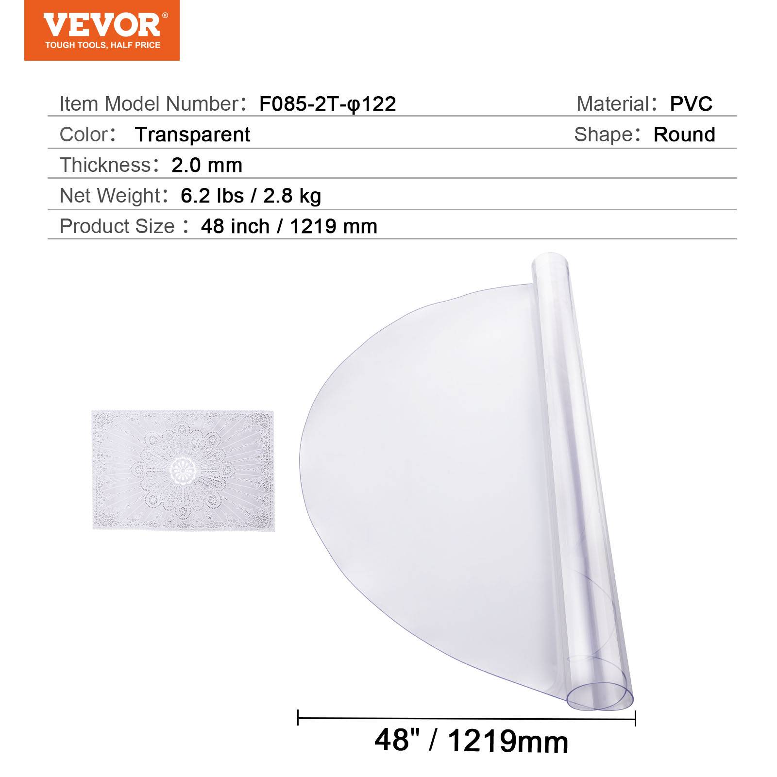 VEVOR Protection table PVC transparent, 48x48", 2.0mm, ronde, imperméable, bureau, salle à manger. - Image 7