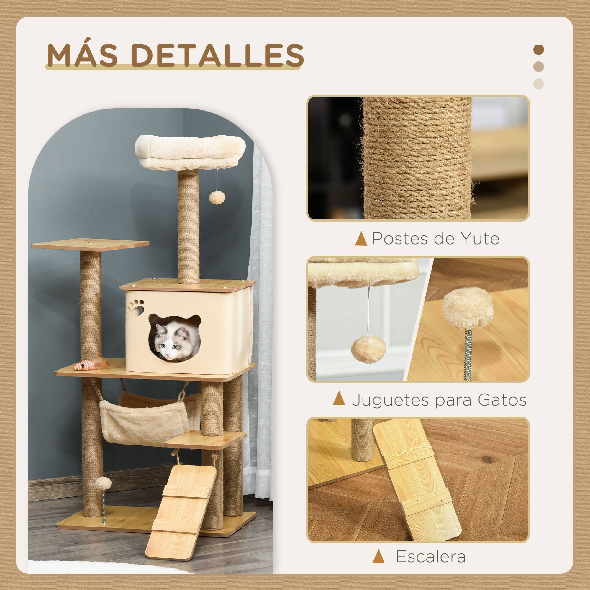 Arbre à chat 130 cm, avec 5 plateformes, hamac, échelle, grotte, poteaux en jute et balle suspendue, beige - Image 7