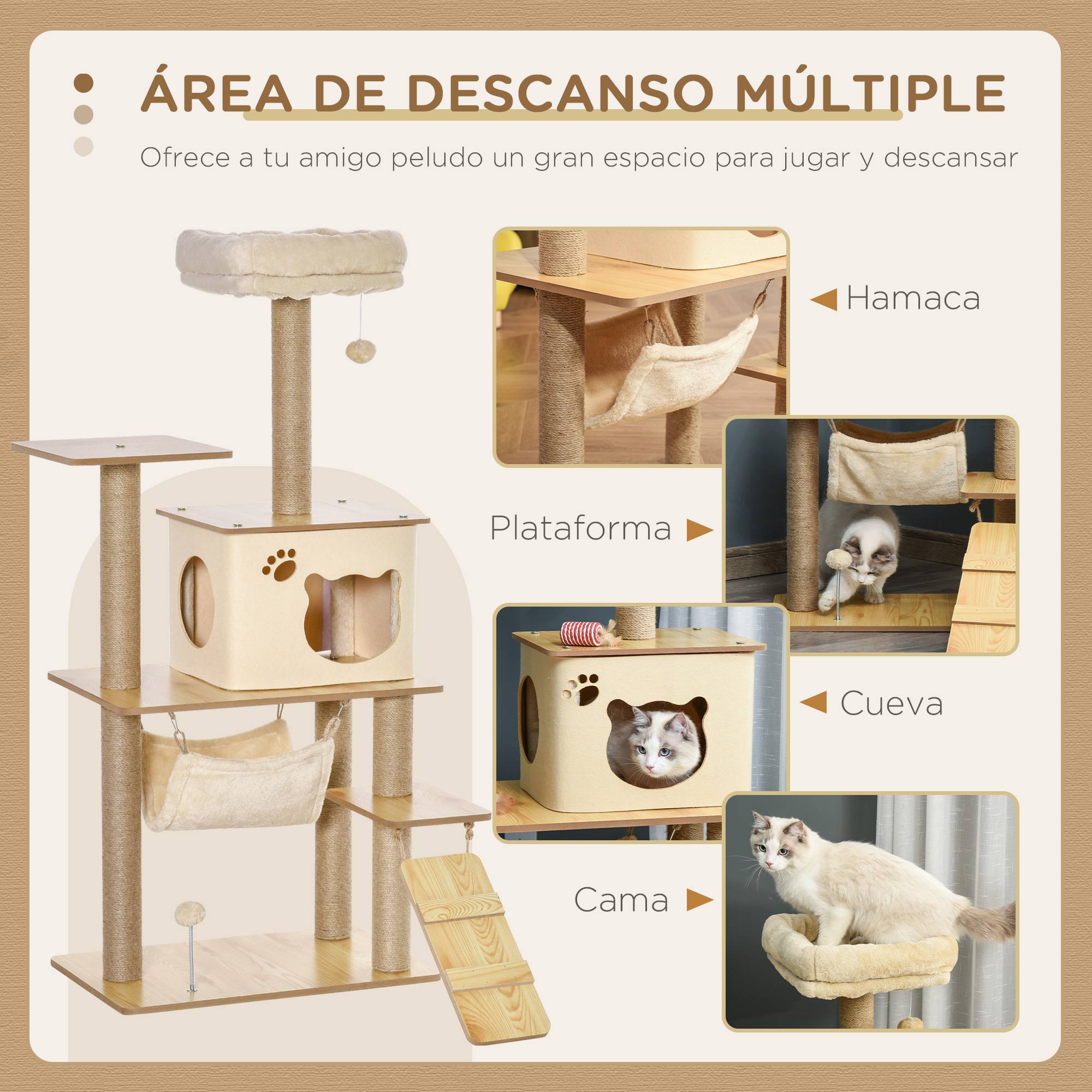 Arbre à chat 130 cm, avec 5 plateformes, hamac, échelle, grotte, poteaux en jute et balle suspendue, beige - Image 6