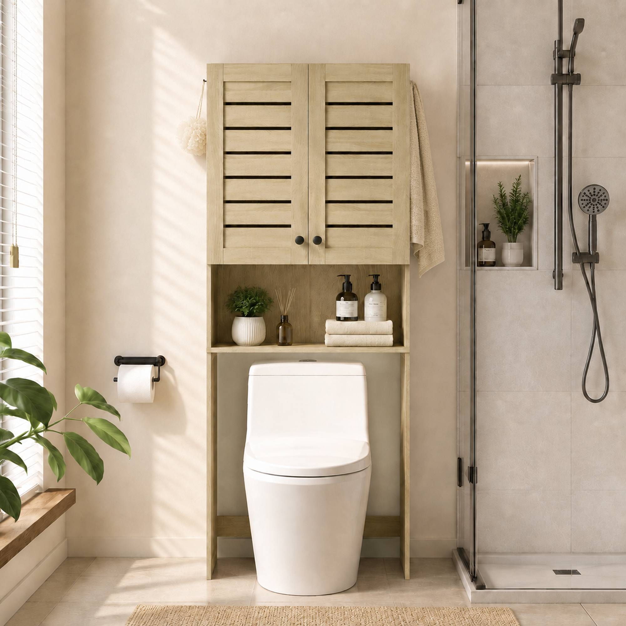 Sans Marque - Meuble WC dessus toilettes/lave-linge armoire double porte portes stores 67x31,5x190 cm chêne - Image 4