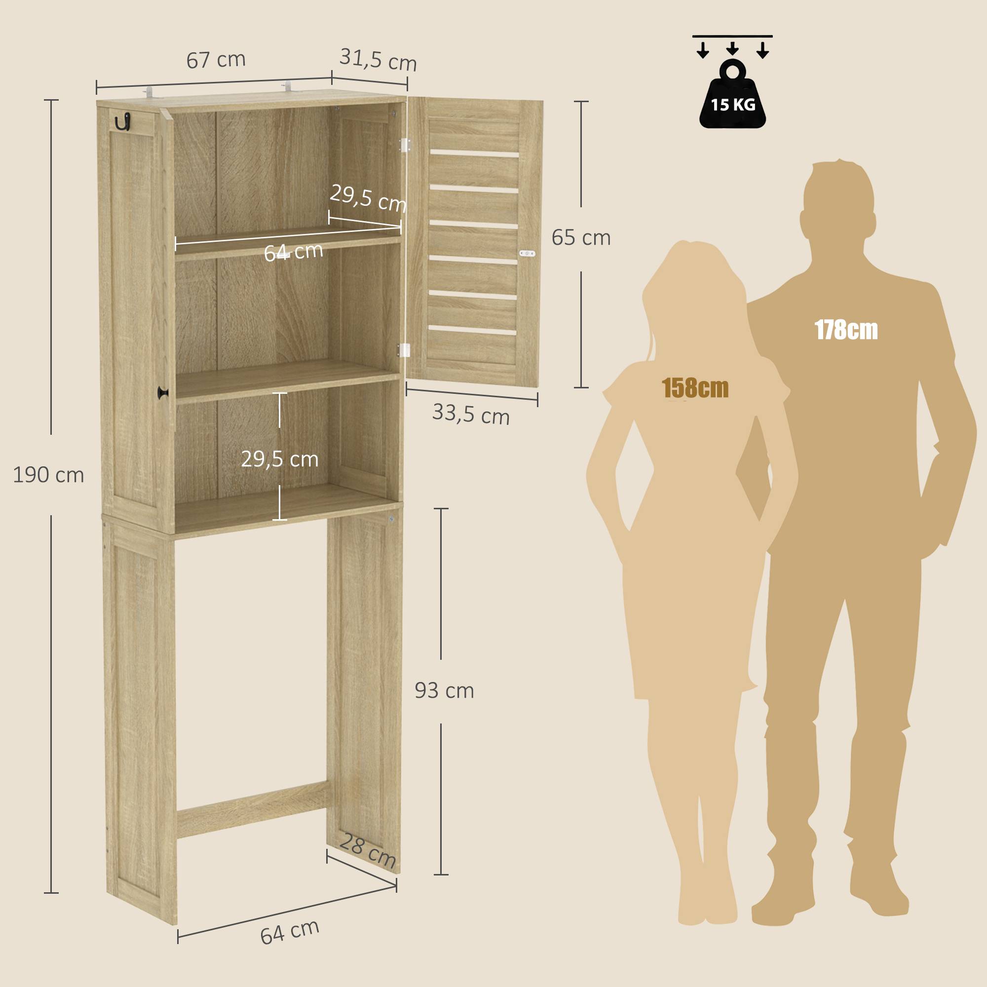 Sans Marque - Meuble WC dessus toilettes/lave-linge armoire double porte portes stores 67x31,5x190 cm chêne - Image 5