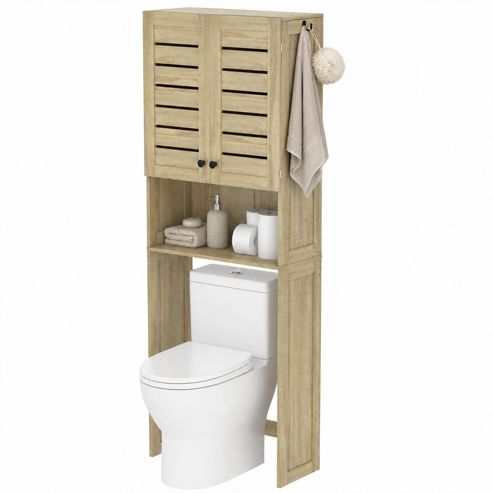 Sans Marque - Meuble WC dessus toilettes/lave-linge armoire double porte portes stores 67x31,5x190 cm chêne - Image 2