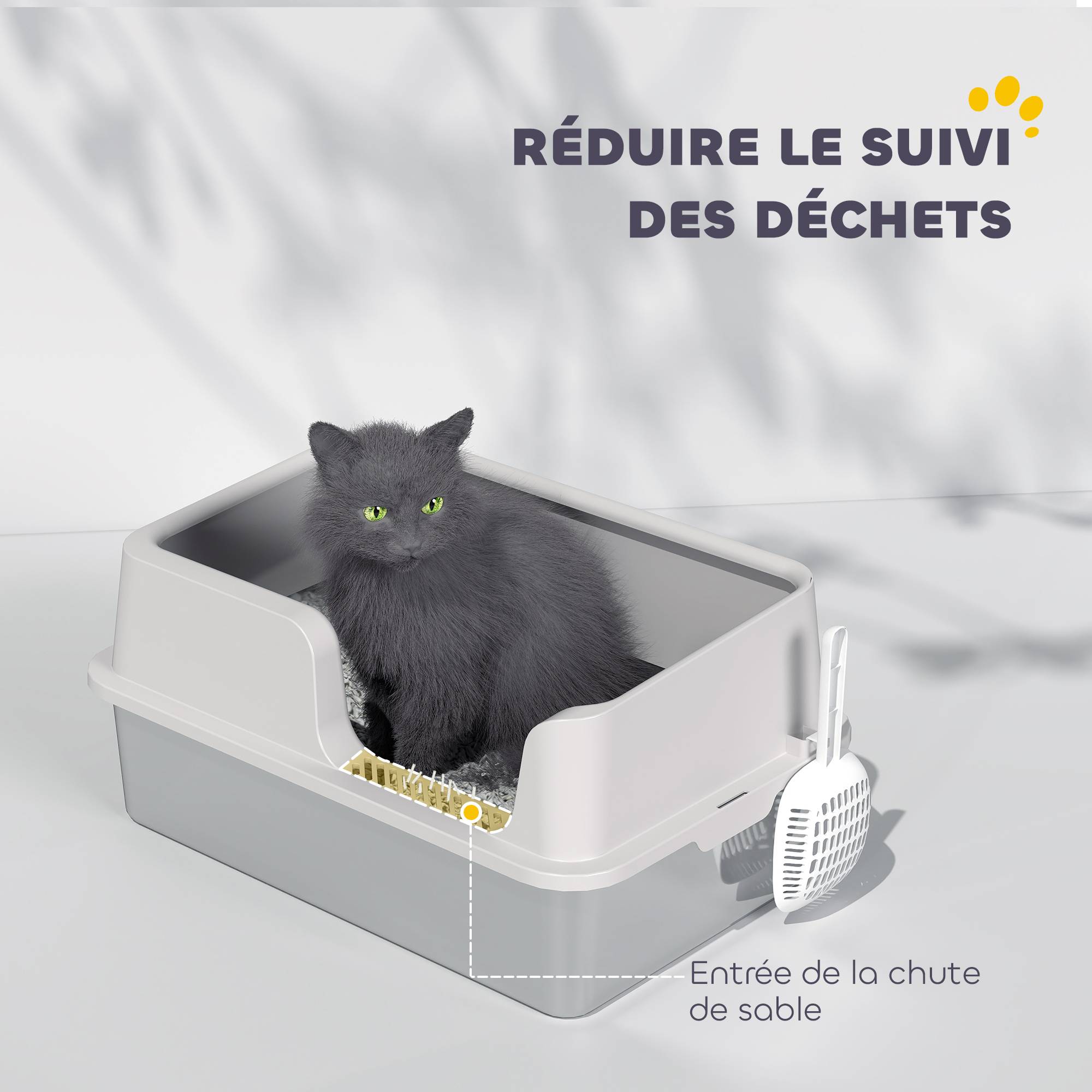 Bac à litière acier inoxydable intérieur rebords surélevés anti-fuite 60x40x28cm gris - ComfortXL Outdoor Living - Image 8