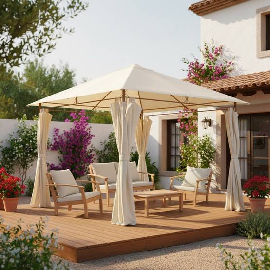 Tonnelle 3x3 m - Elusa - Imitation bois. toile écru - Pergola avec rideaux. tente de jardin. barnum. chapiteau. réception | sweeek - Image 1