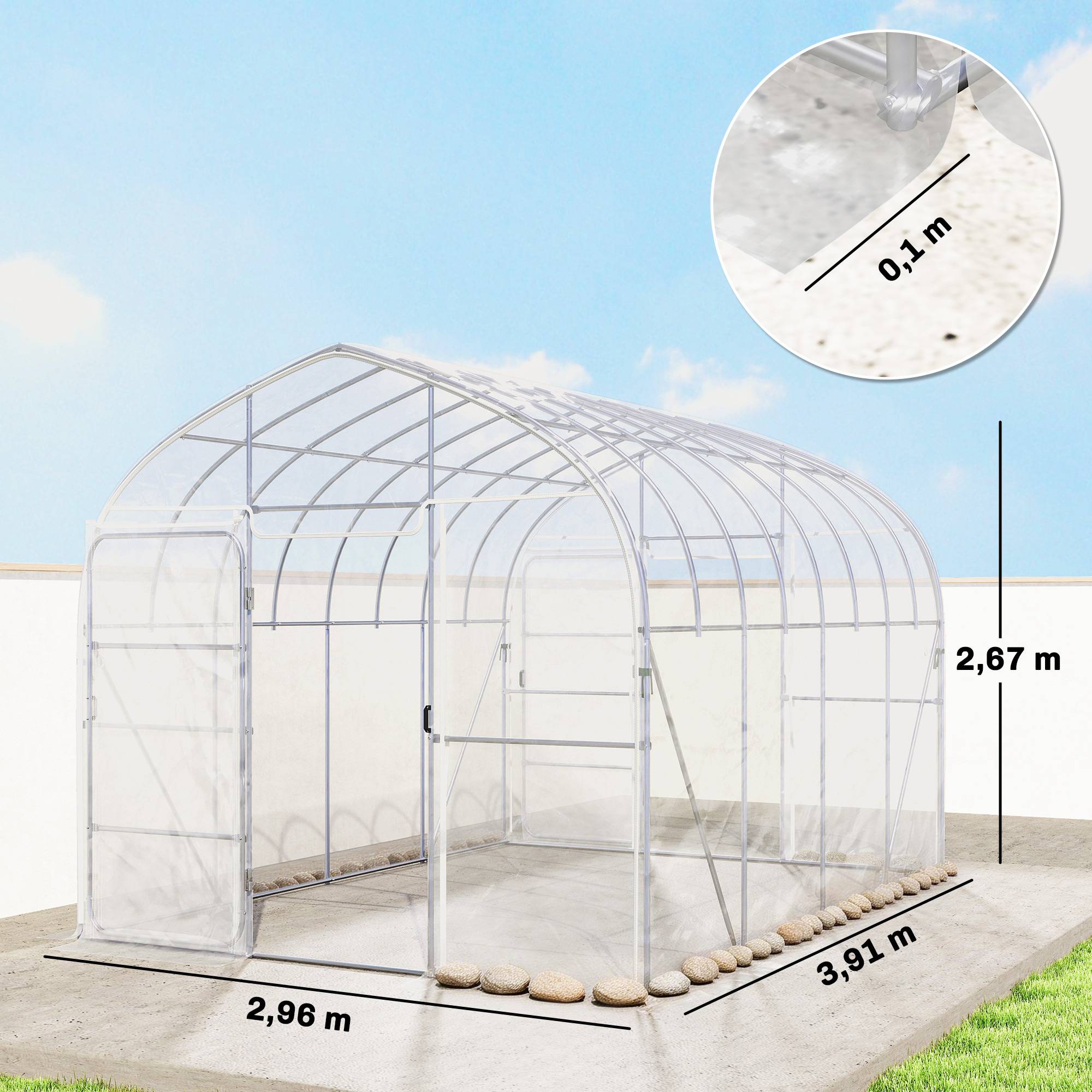 Sans Marque - Serre Tunnel de Jardin 12m² Film PO Anti-goutte Acier Galvanisé 25mm Structure Renforcée 2 Portes Battantes Transparent - Image 5
