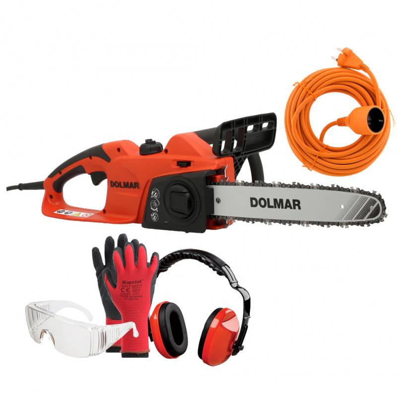 PACK - DOLMAR Tronçonneuse Électrique 1800W - Guide 35 cm ES39TLC + Rallonge de Jardin 20m + Équipements de protection