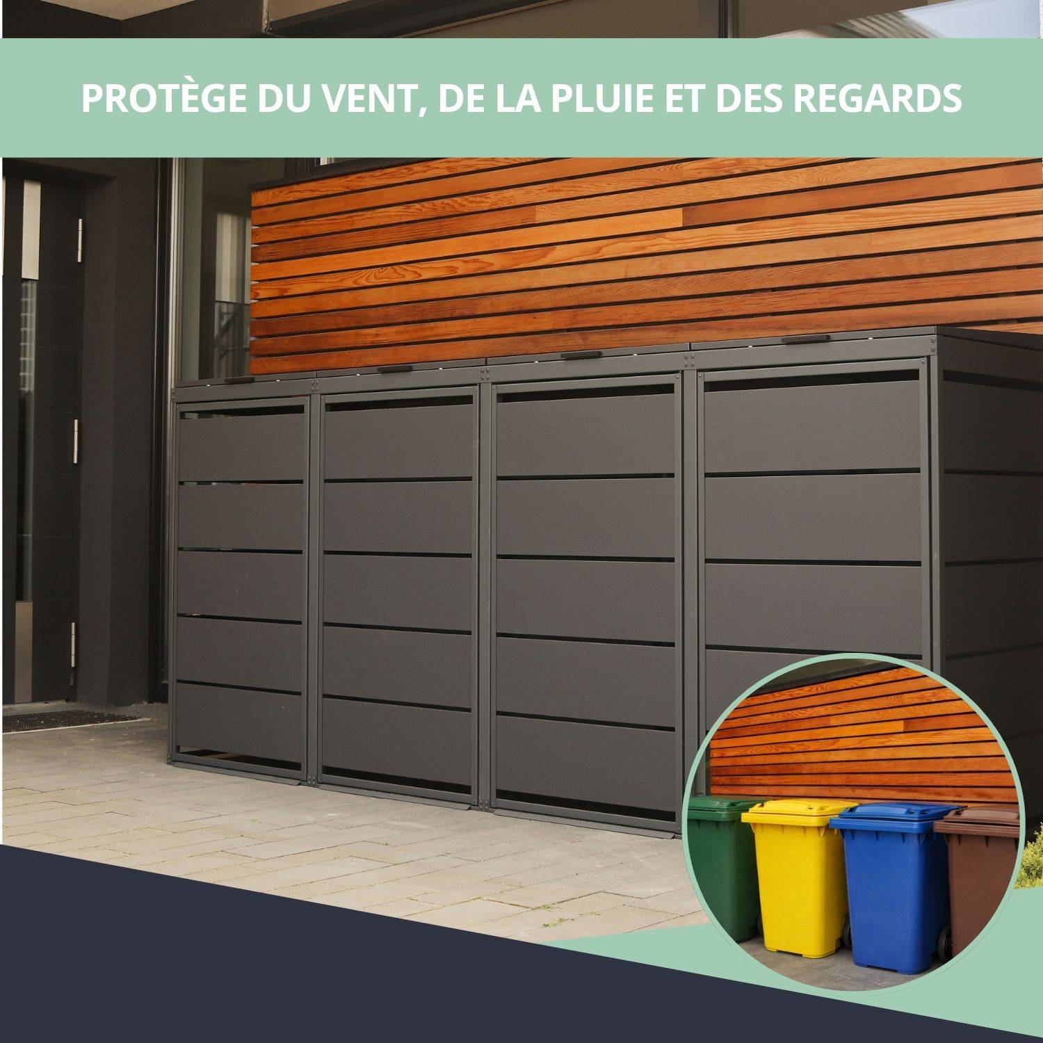 Cache poubelle extérieur quadruple en acier galvanisé - Abri poubelle pour 4 conteneurs 240 Litres - Anthracite RAL7016 - Image 4