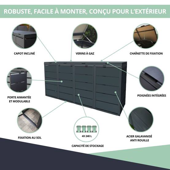 Cache poubelle extérieur quadruple en acier galvanisé - Abri poubelle pour 4 conteneurs 240 Litres - Anthracite RAL7016 - Image 5
