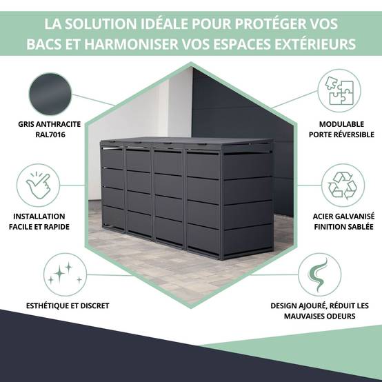 Cache poubelle extérieur quadruple en acier galvanisé - Abri poubelle pour 4 conteneurs 240 Litres - Anthracite RAL7016 - Image 2
