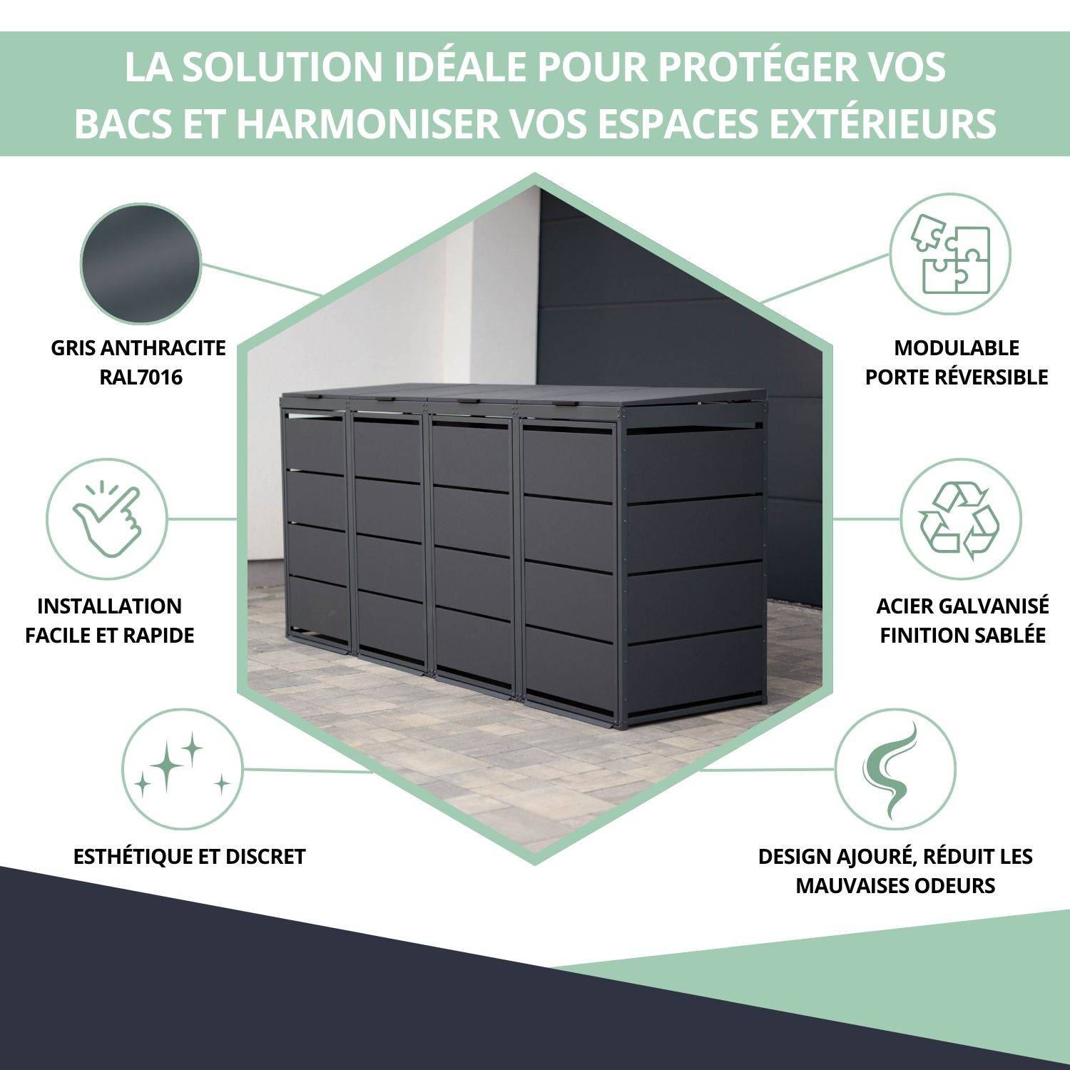 Cache poubelle extérieur quadruple en acier galvanisé - Abri poubelle pour 4 conteneurs 240 Litres - Anthracite RAL7016 - Image 2