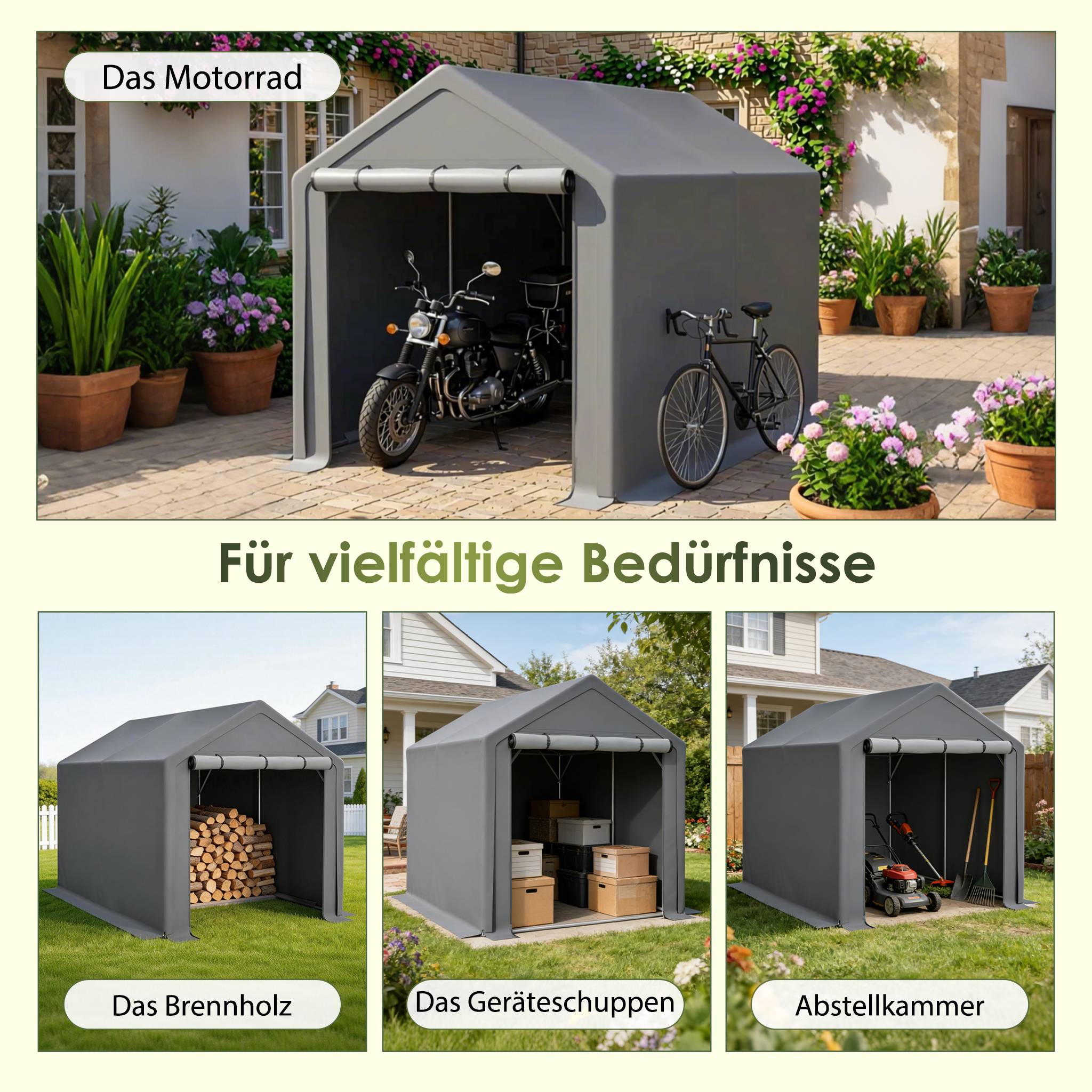Abri de Stockage Tente Acier PE pour Vélos Outils Protection Imperméable 296x190cm Gris - ComfortXL Outdoor Living - Image 3